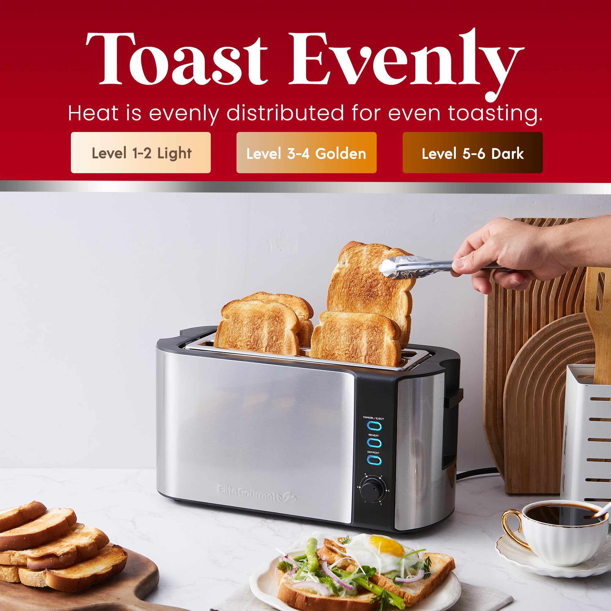 Elite Gourmet ECT-3100 4-Slice Toaster with Extra Wide Slots - 6 Toast Settings, Defrost, Reheat & Cancel Functions - Built-in Warming Rack for Bagels, Waffles & Bread - Stainless Steel & Black Design - Perfect for Breakfast, Brunch & Family Gatherings