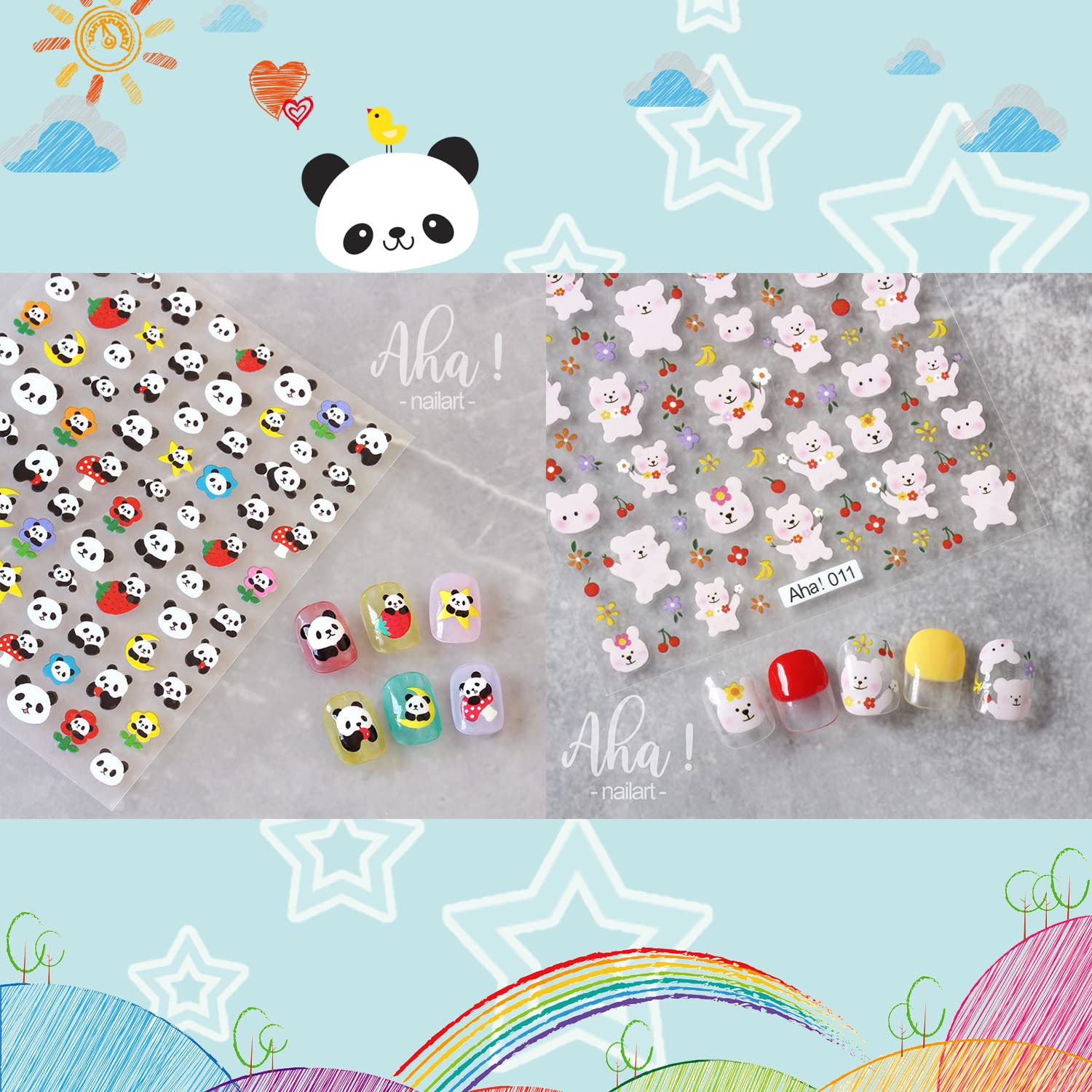 ACDE 5 Sheets Cute Cartoon 3D Nail Art Stickers - Rainbow Clouds, Bear, Rabbit, Panda Designs - Self-Adhesive Nail Decals for Women, Girls, Kids - DIY Manicure, Party, Salon, Birthday Nail Decorations