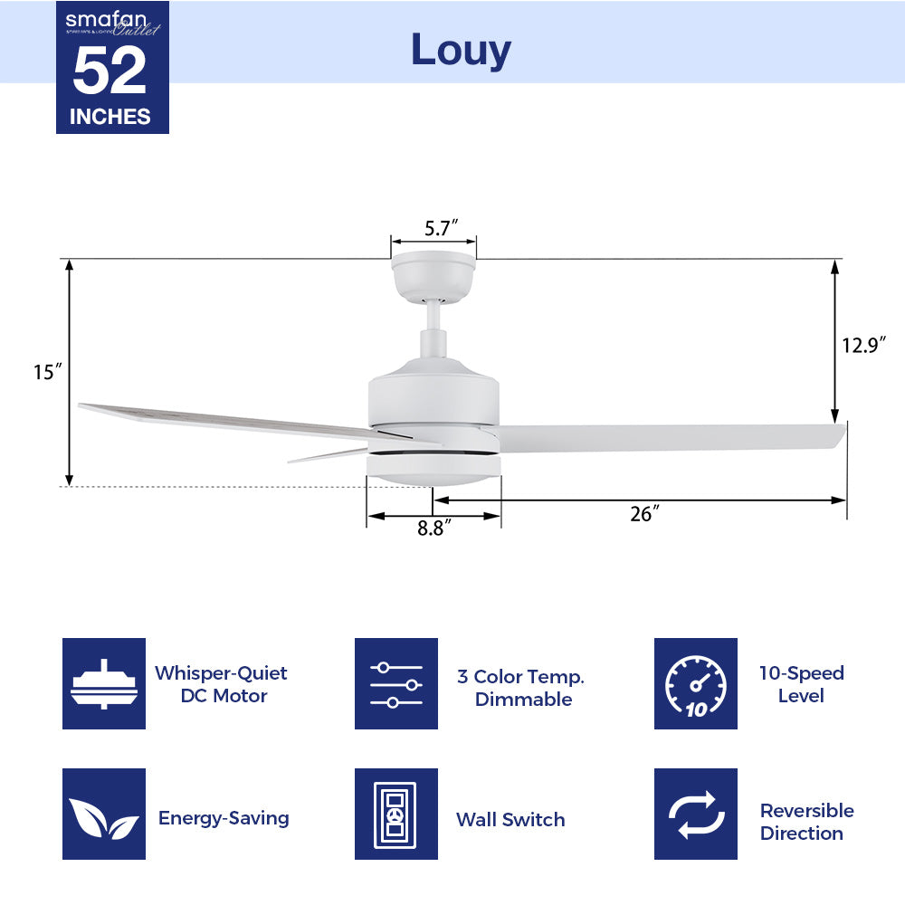 52 Inch Modern Ceiling Fan with LED Light and Remote Control - Energy Efficient Quiet Blades for Bedroom, Living Room, and Outdoor Patio