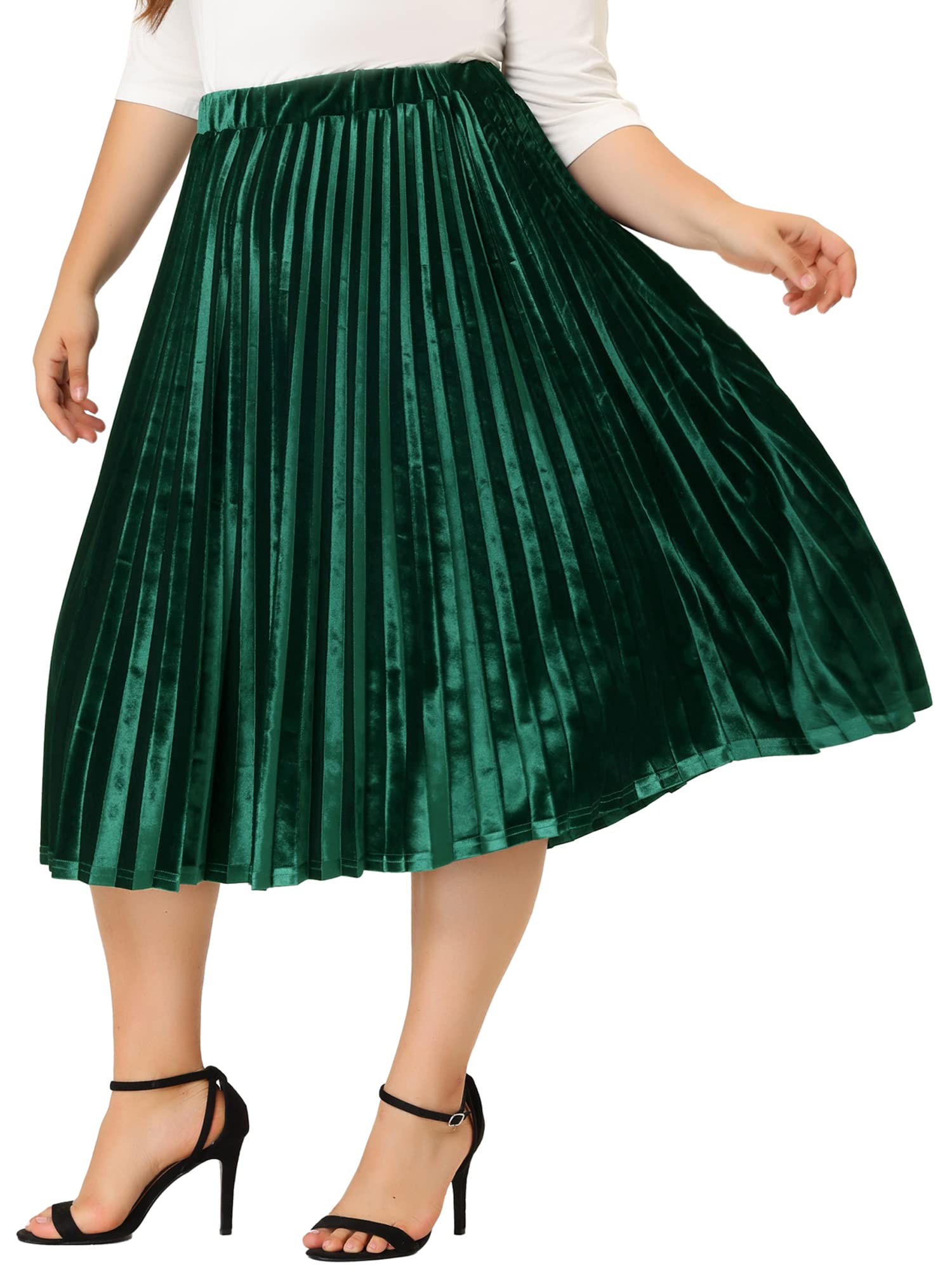 Agnes Orinda Women's Plus Size Velvet Midi Skirt with Elastic Waist & Metallic Accordion Pleats - Perfect for Christmas Parties, Holiday Gatherings & Festive Occasions