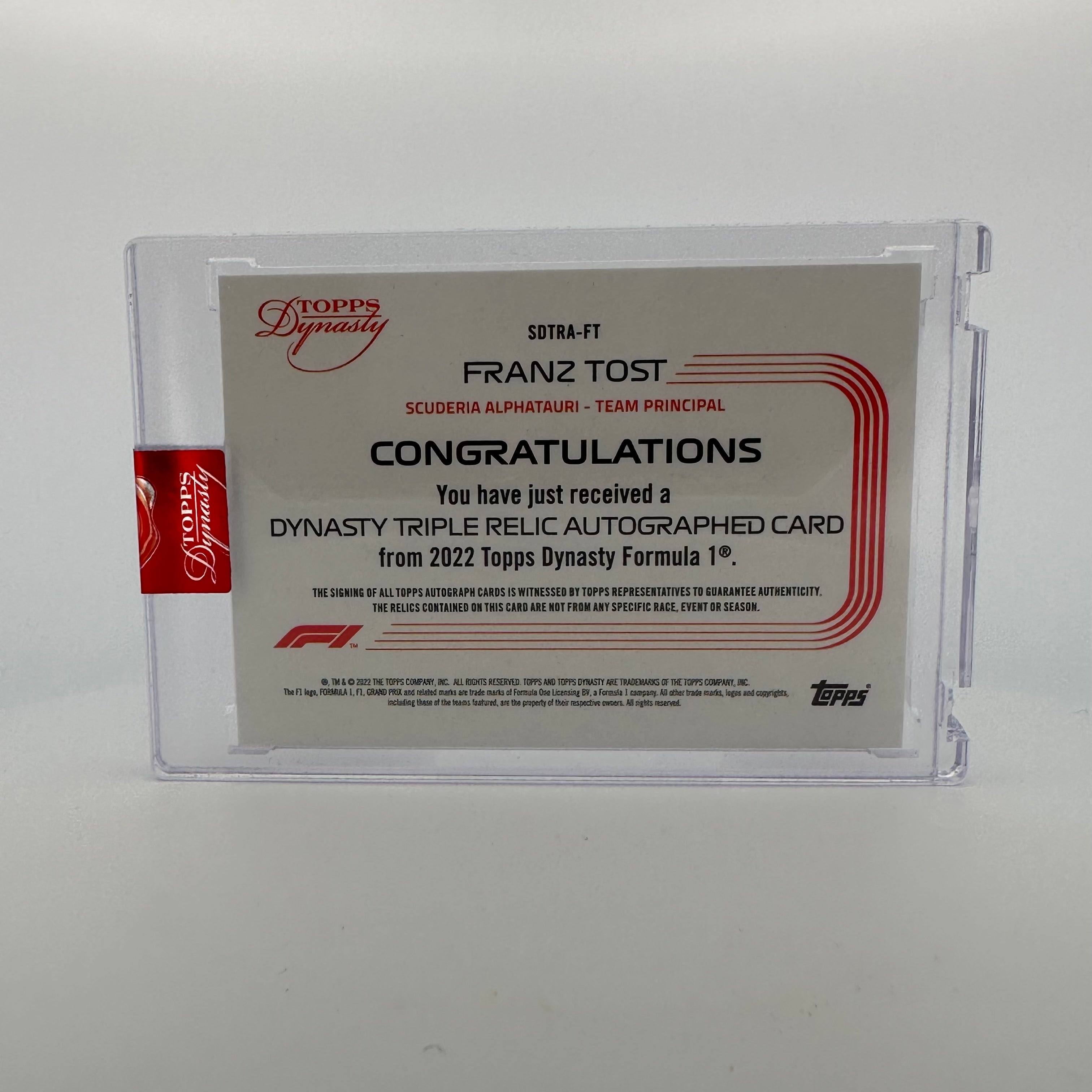 2022 Dynasty Triple Relic Autograph Card #SDTRA FT - Franz Tost Racing Memorabilia - Perfect for F1 Collectors, Sports Fans & Autograph Enthusiasts