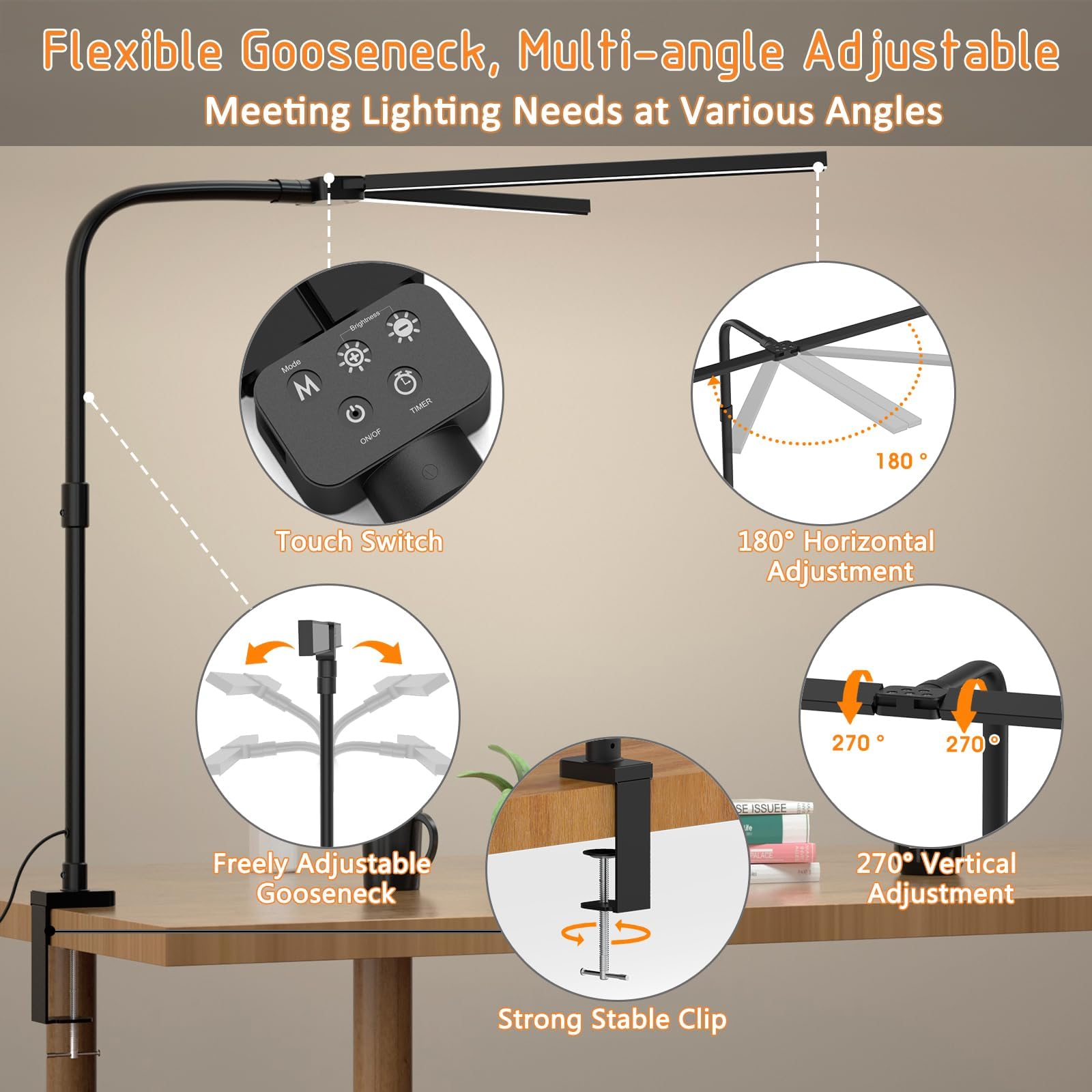 **24W Dual Head LED Desk Lamp with Clamp - 5 Lighting Modes & 11 Brightness Levels, Adjustable Gooseneck for Home Office, Study, Reading - Black**