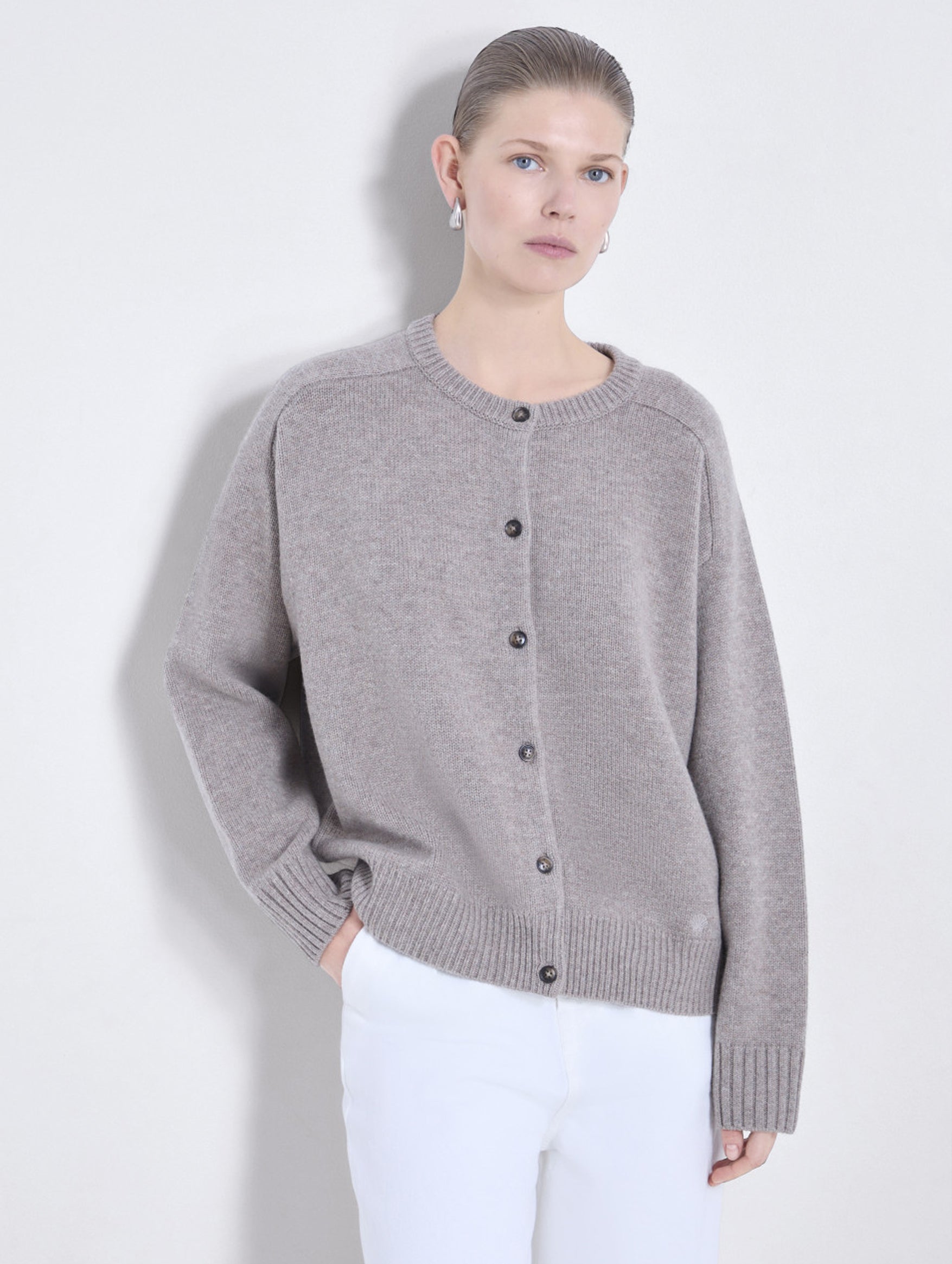 Aidar Women's Soft Round Neck Cardigan Sweater - Moon Grey | Cozy Knit Pullover for Fall & Winter | Perfect for Office, Casual & Layering