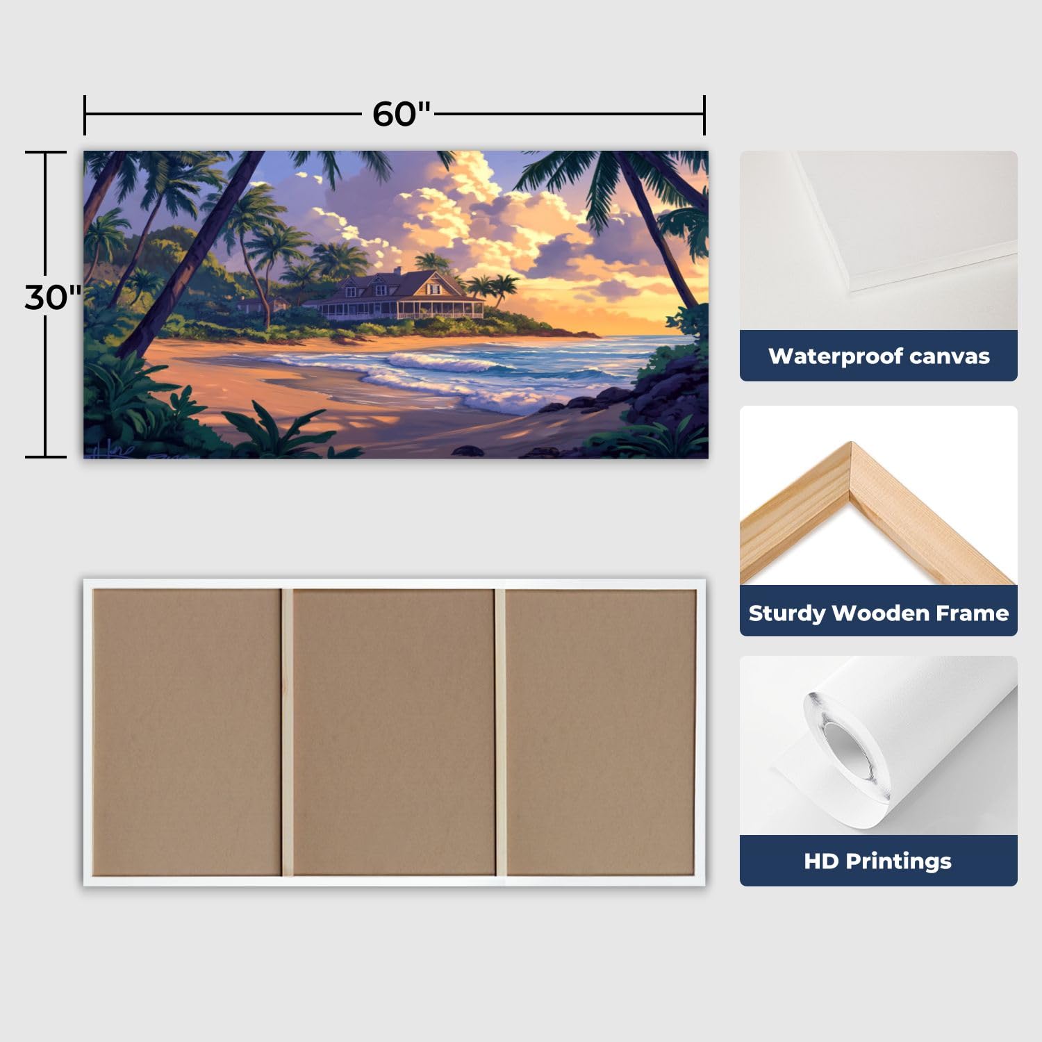 Large Beach Wall Art - 30''x60'' Palm Trees & Ocean Waves Canvas Print - Tropical Coastal Decor for Living Room, Bedroom, Bathroom - Relaxing Beach Scene Wall Painting for Home & Office Decor