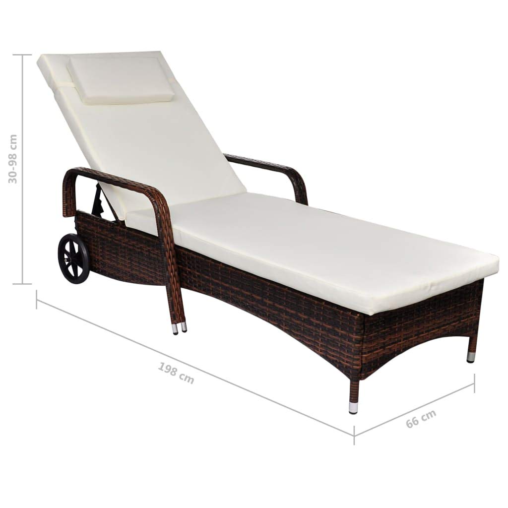 Premium Sun Lounger with Comfortable Cushion & Smooth Wheels - Durable Poly Rattan in Elegant Brown - Perfect for Poolside, Patio, Garden Relaxation