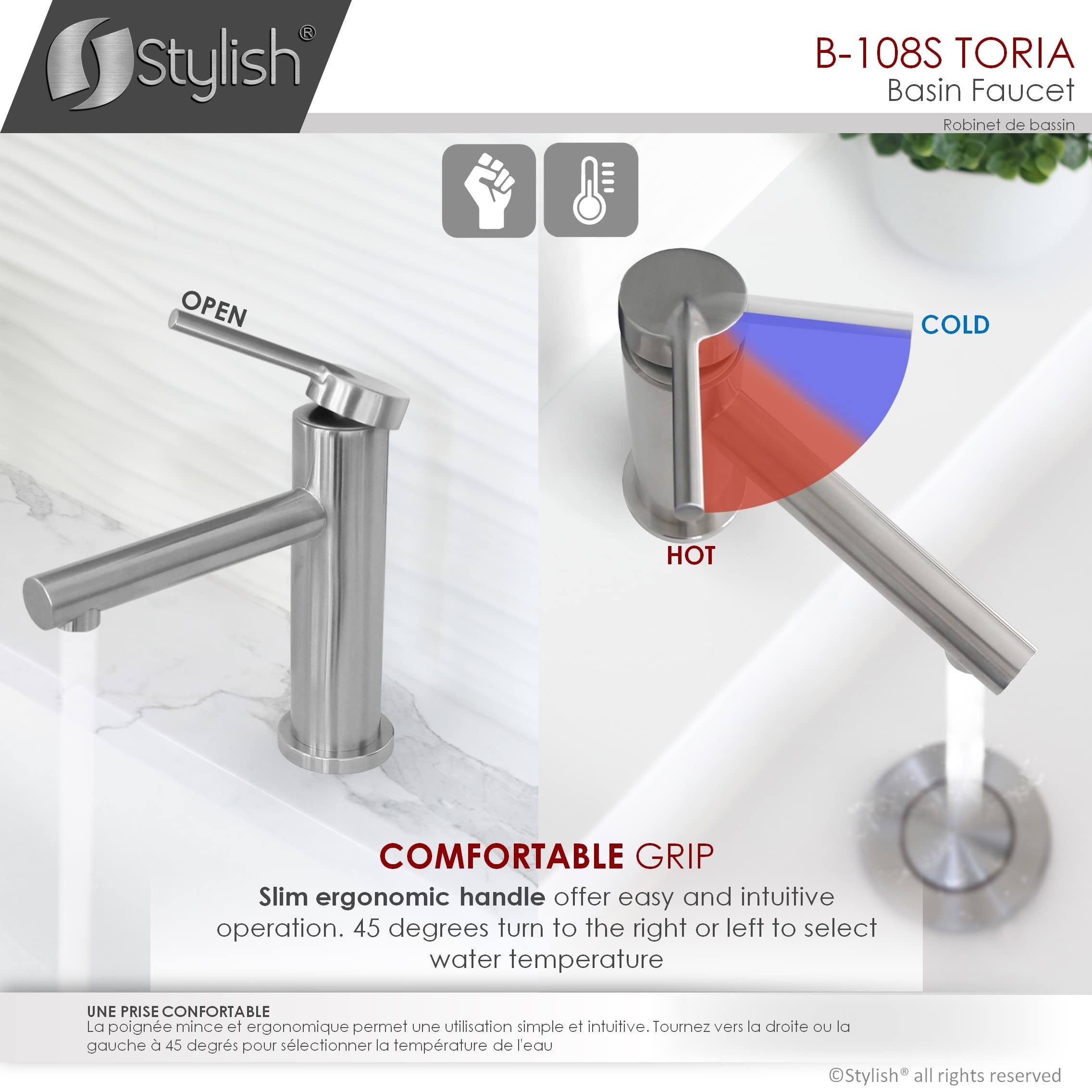 Stylish Single Handle Bathroom Faucet - Solid Stainless Steel Construction, 1 Hole Vessel Sink Faucet with Brushed Finish (Model B-123S) - Perfect for Modern Vanities, Powder Rooms & Luxury Bathroom Upgrades