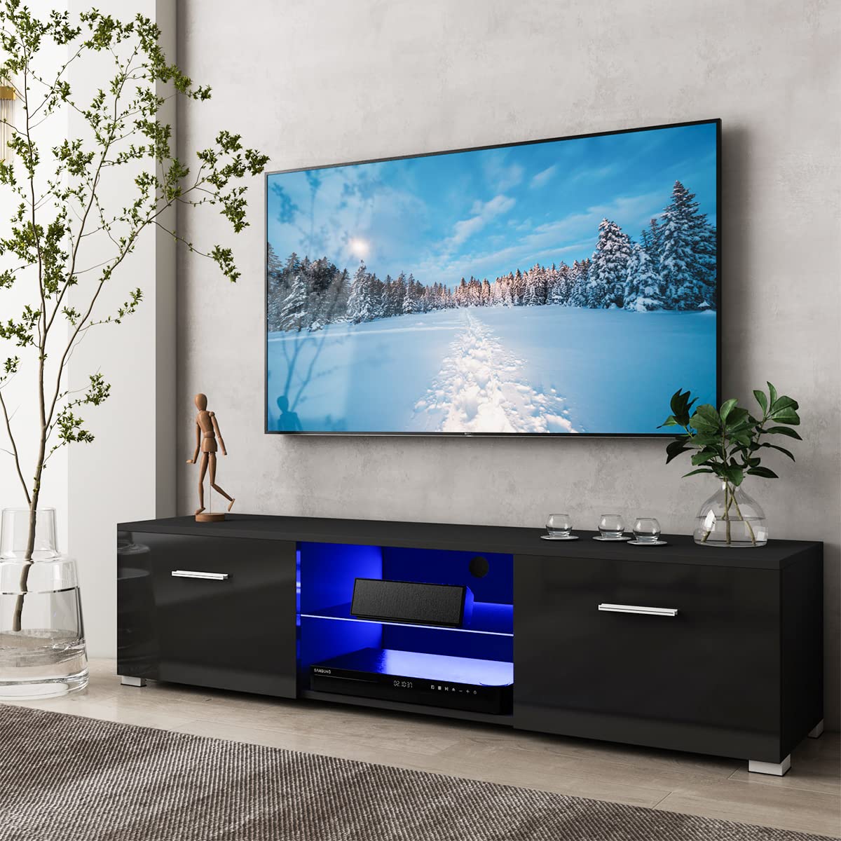 Modern LED TV Stand for 65 Inch TVs - Black Entertainment Center with Storage, Glass Shelves & 2 Drawers - High Gloss TV Cabinet with LED Lights for Living Room, Bedroom & Home Theater Setup
