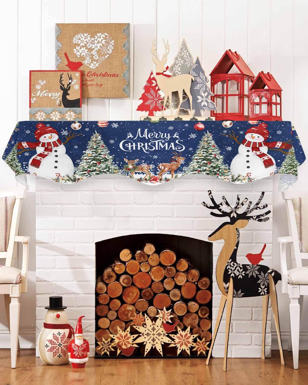 Christmas Mantel Scarf for Fireplace Decor - Snowman Navy Blue Snowflake Deer Poinsettia Fireplace Mantel Cover (60