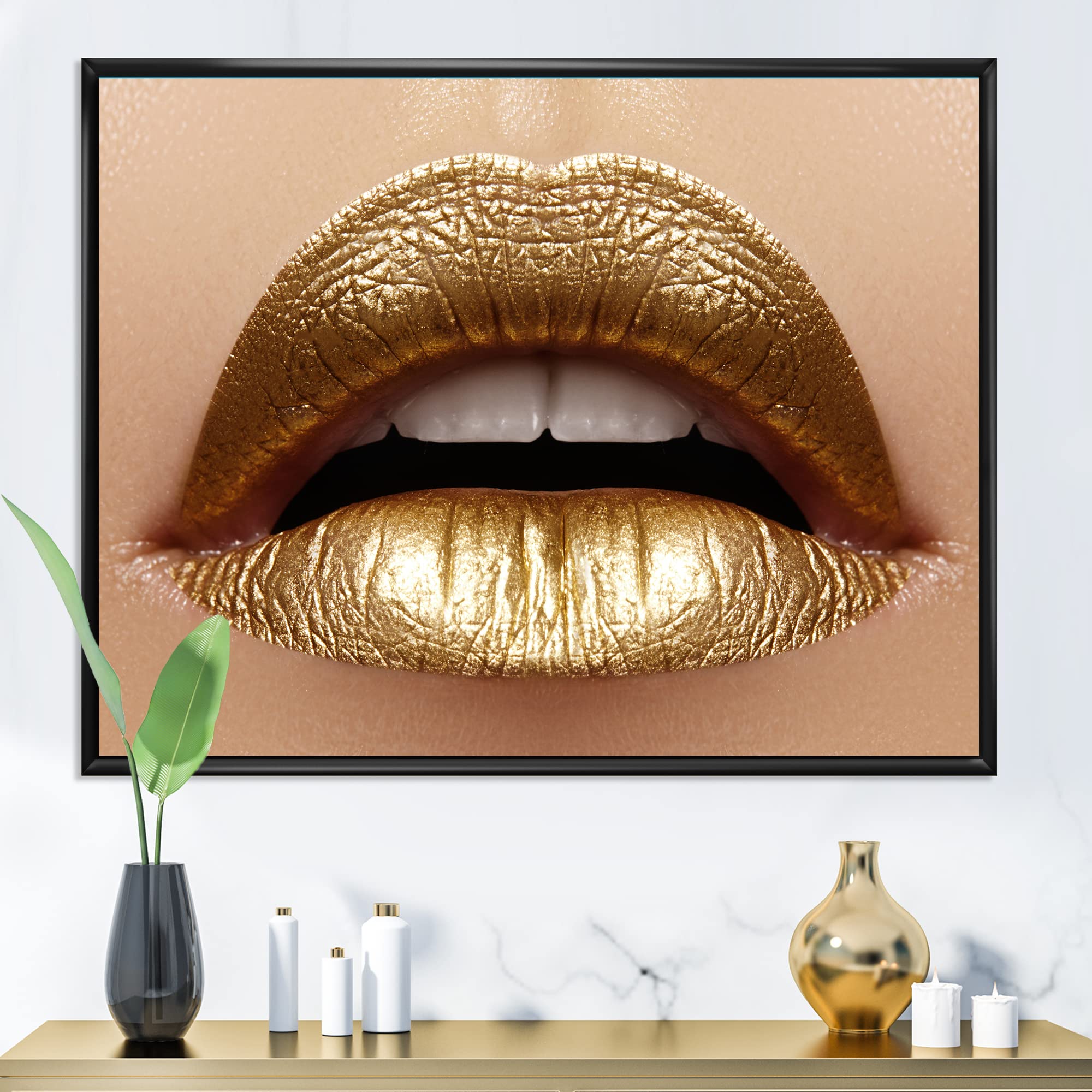 Golden Lipstick Plump Lips Canvas Wall Art Print - Modern Framed Home Decor for Living Room, Bedroom & Office