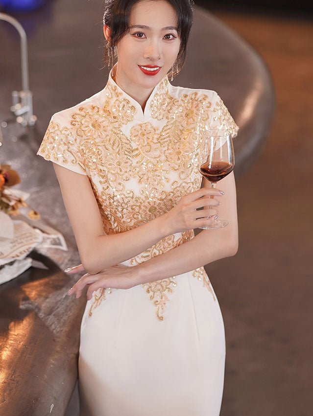 Elegant White Applique Thigh Split Fishtail Cheongsam Qipao Dress for Women - Perfect for Evening Parties, Weddings & Chinese New Year Celebrations