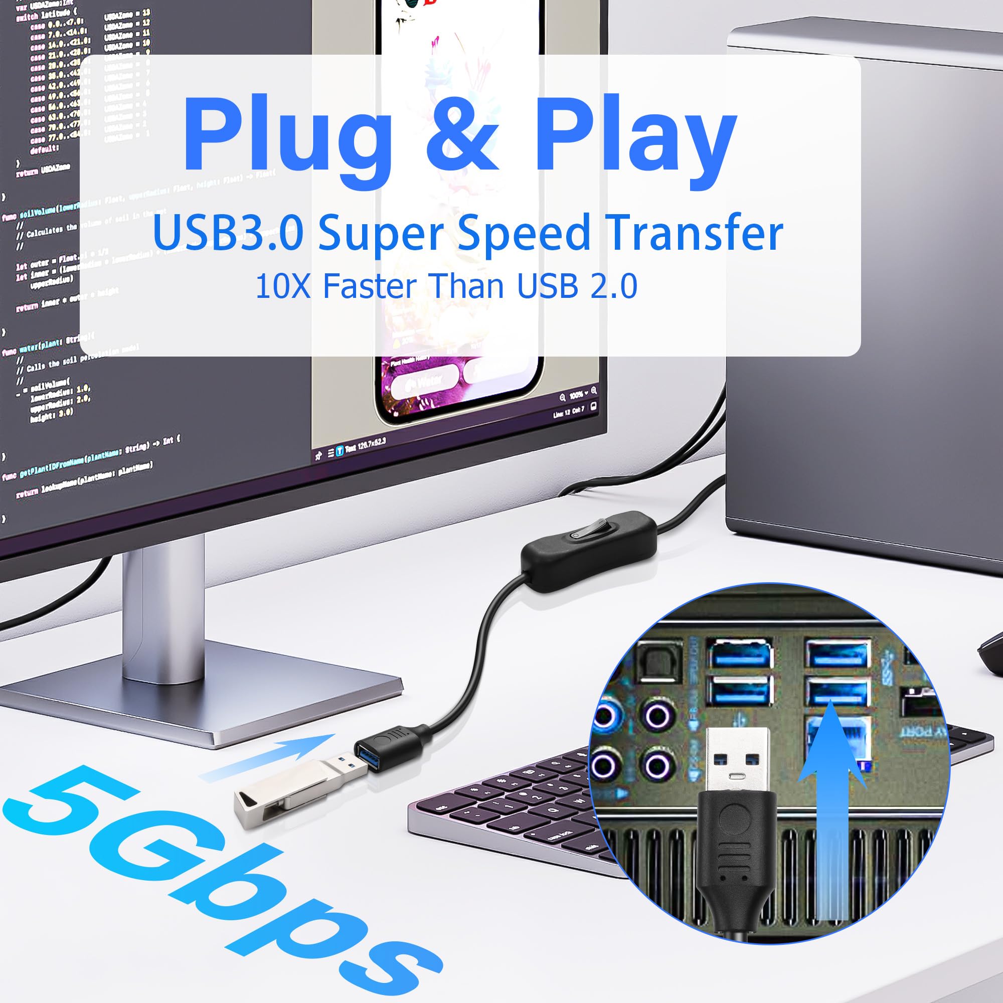 USB 3.0 Extension Cable with On/Off Switch - 1ft for PC, TV, Car & LED Strips