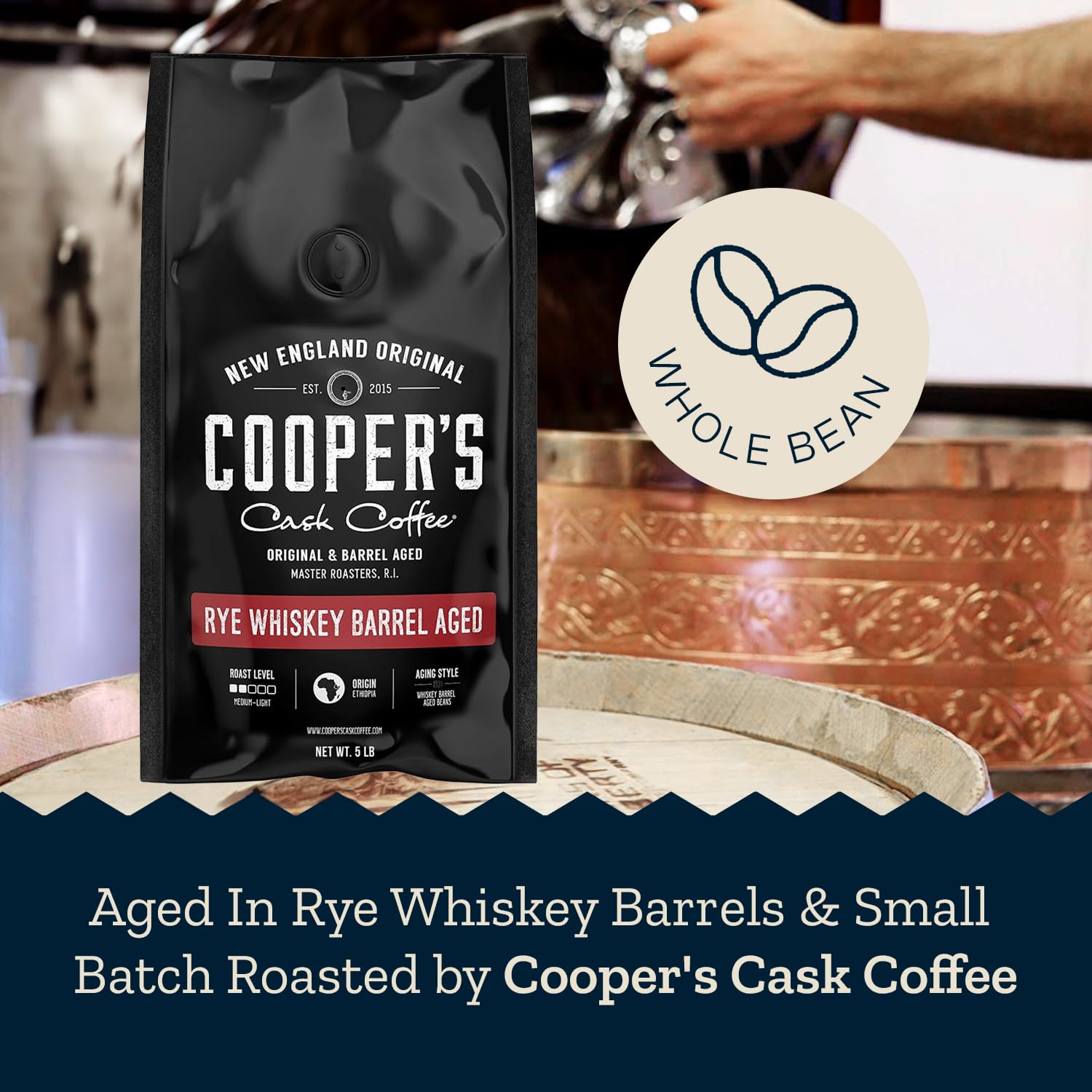 Rye Whiskey Barrel Aged Coffee Beans - Single Origin Ethiopian, Freshly Roasted Whole Beans Aged in Rye Whiskey Casks, 5lb Bag by Battle Cry Whiskey | Perfect for Coffee Enthusiasts, Gourmet Gifts & Whiskey Lovers