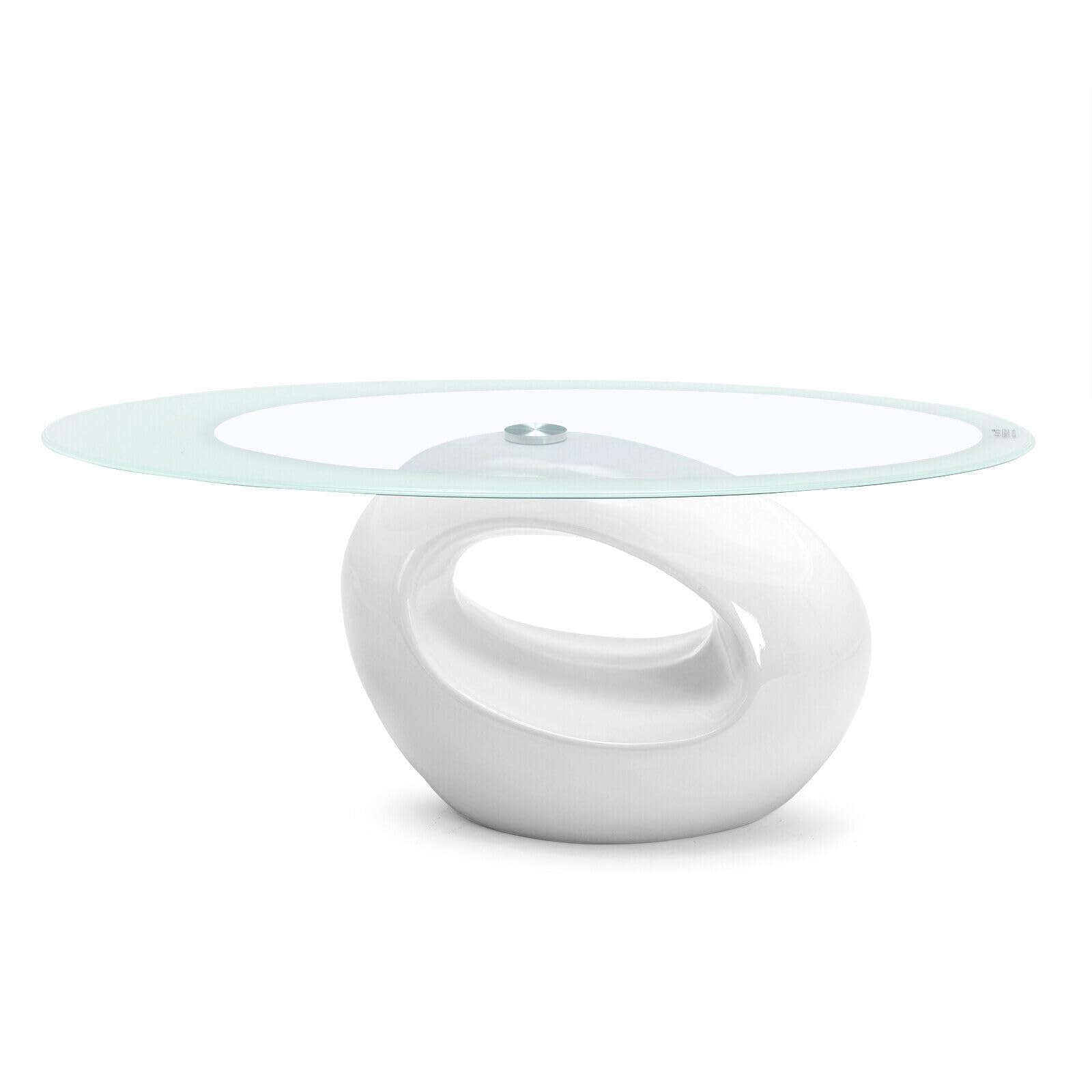 Modern Oval Glass Coffee Table with Tempered Top & Glossy Storage Base - Contemporary Living Room Center Table for Sofa & Lounge Areas - White