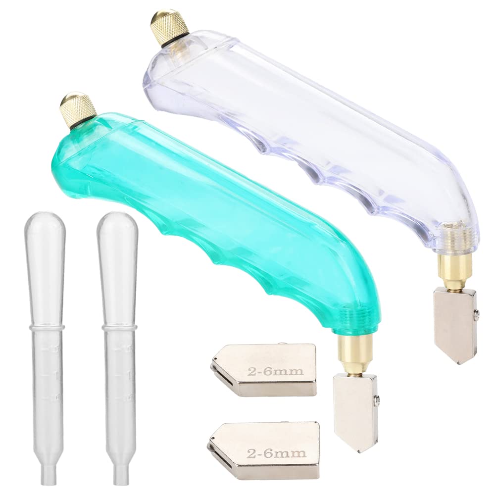 6PCS Pistol Oil Glass Cutter Set with 2-6mm Replaceable Heads & Oil Reservoir - Professional Stained Glass Cutting Tool for Mirrors, Windows, Tiles & DIY Crafts (Blue & White) - Perfect for Glass Art Projects, Home Renovations & Professional Installations