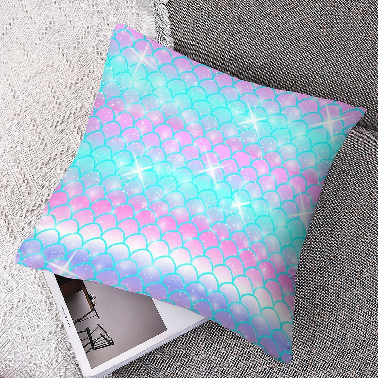 Cute Mermaid Pattern Polyester Pillow Cover - Soft & Smooth 14x14 Inch Square Cushion Case for Sofa, Bed, Dorm Decor - Kawaii Home Accessories