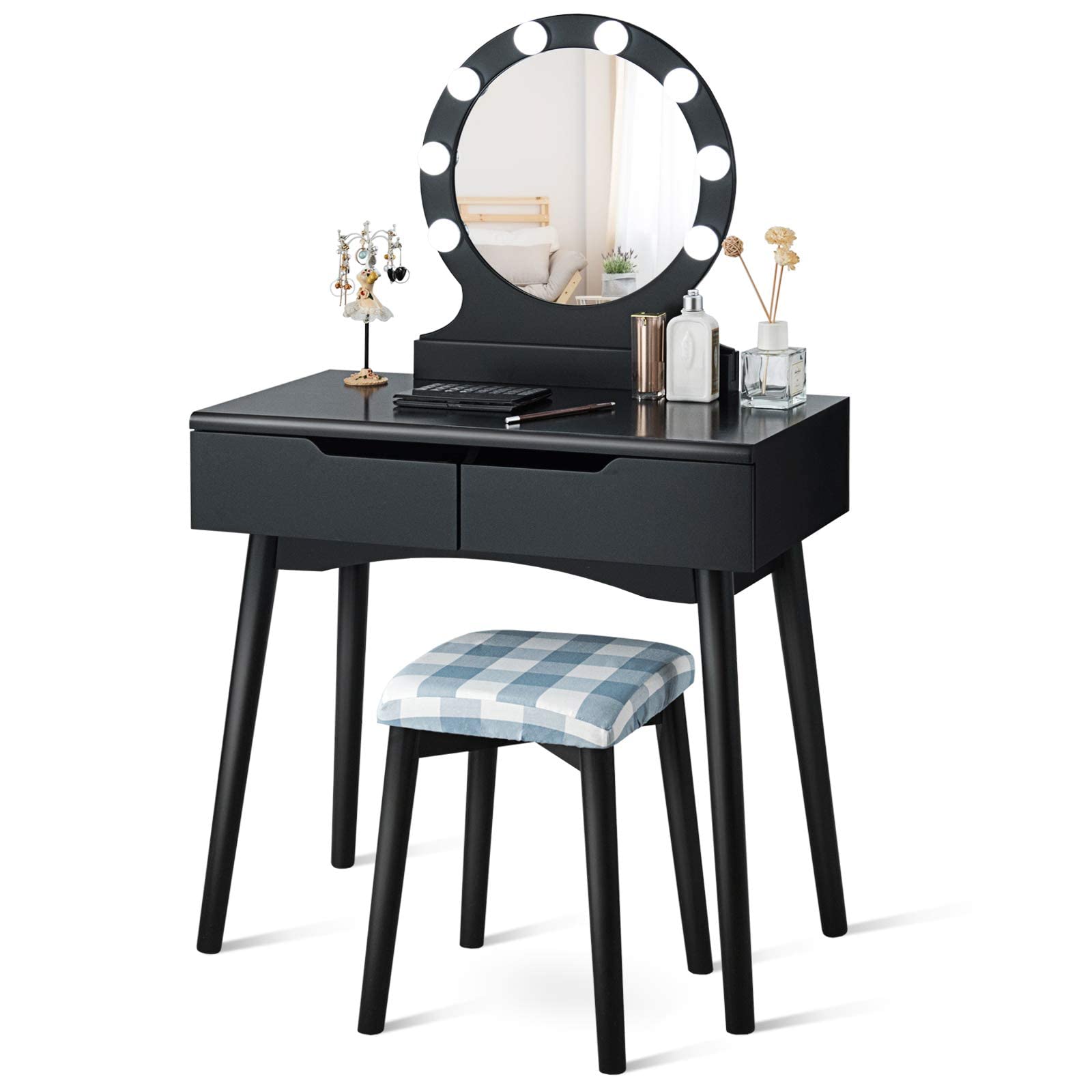 Giantex Vanity Table Set with 8 LED Lights & Touch Control, Princess Style Dressing Table with Large Round Mirror, 2 Sliding Drawers & Cushioned Stool - Perfect for Bedroom, Bathroom & Makeup Room (Black)