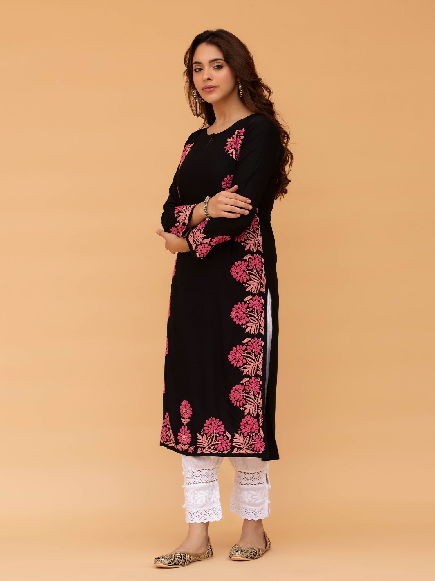 Elegant Saba Chikankari Long Kurta - Rayon Cotton Blend Black Ethnic Dress for Women | Perfect for Festivals, Weddings & Special Occasions
