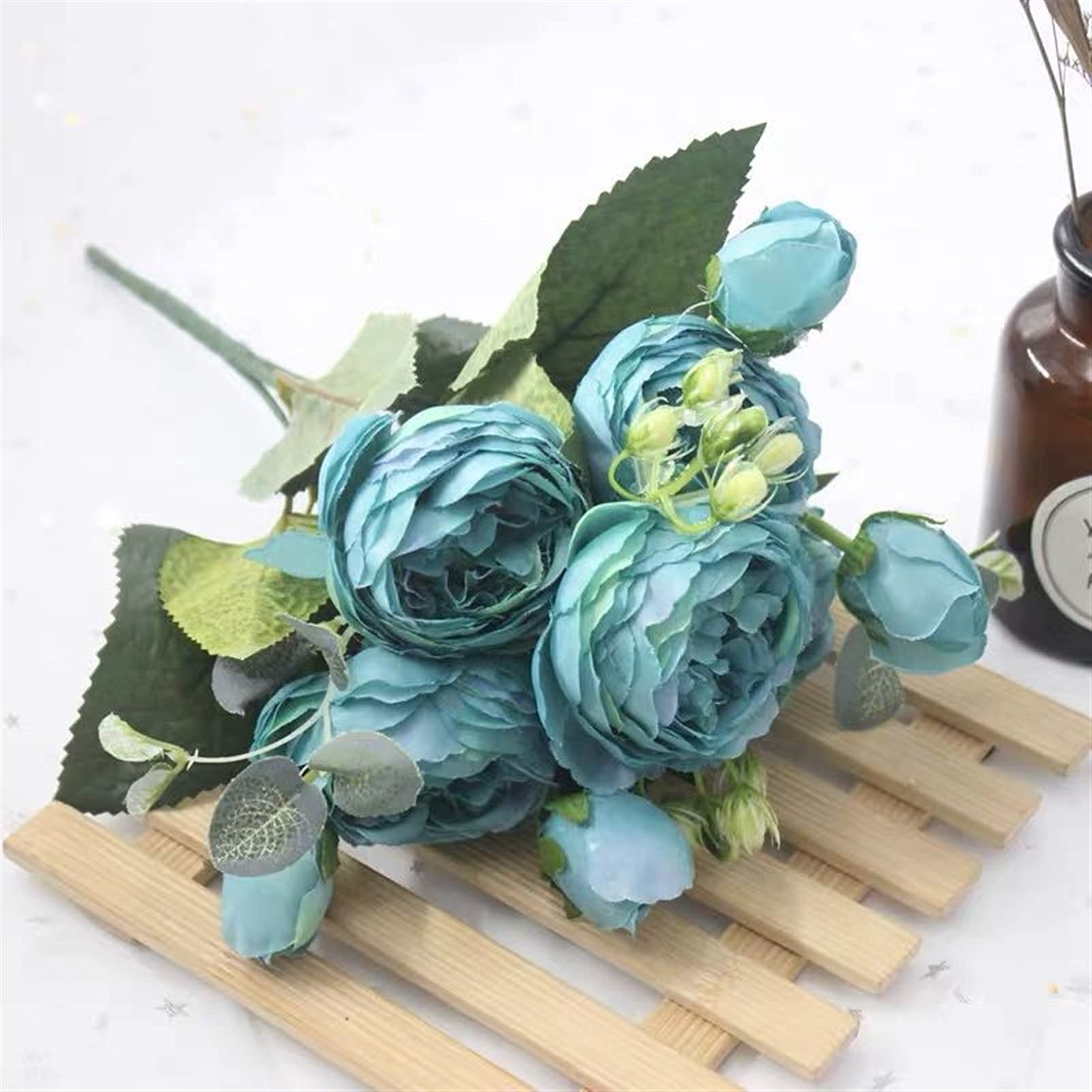 Artificial Peony & Tea Rose Silk Flower Bouquet - 9 Heads Fake Flowers for DIY Home Decor, Garden, Wedding Arrangements - Realistic Camellia & Rose Silk Blooms (Blue) - Perfect for Centerpieces, Bridal Bouquets, and Table Decorations