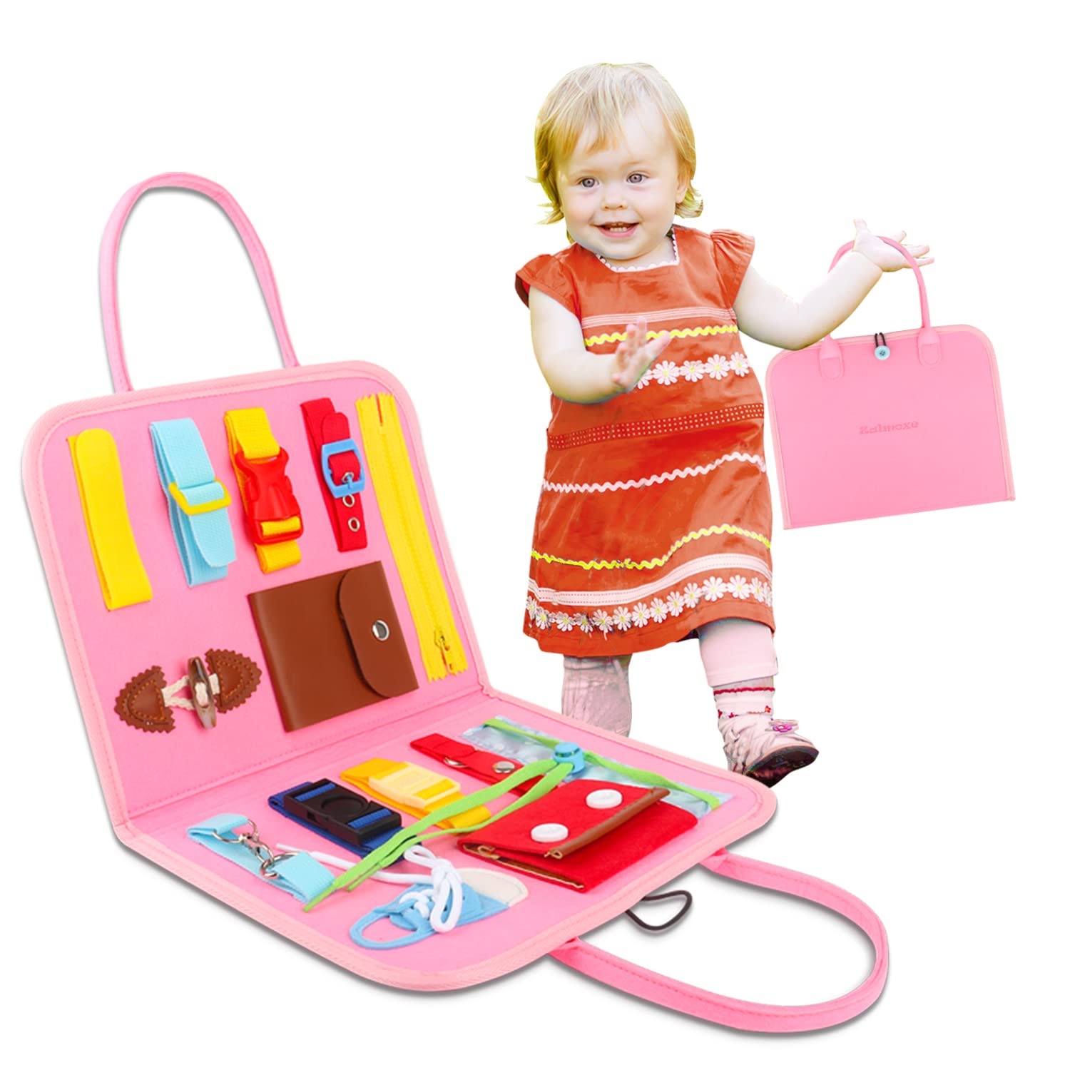 Montessori Busy Board for Toddlers 1-4 Years - Sensory Learning Toys with Buckles & Zippers - Educational Dress Skills Activity Board for Boys & Girls - Travel Toys for Airplane & Car Rides - Perfect Gift for Preschoolers (Pink)