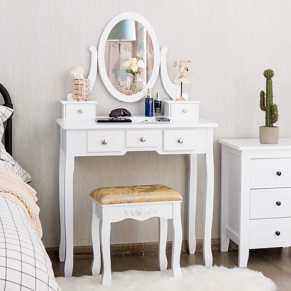 CHARMAID Vanity Table Set with Rotatable Oval Mirror & 5 Drawers - White Dressing Table with Cushioned Stool for Women & Girls | Perfect for Bedroom Makeup, Beauty Organization & Home Decor
