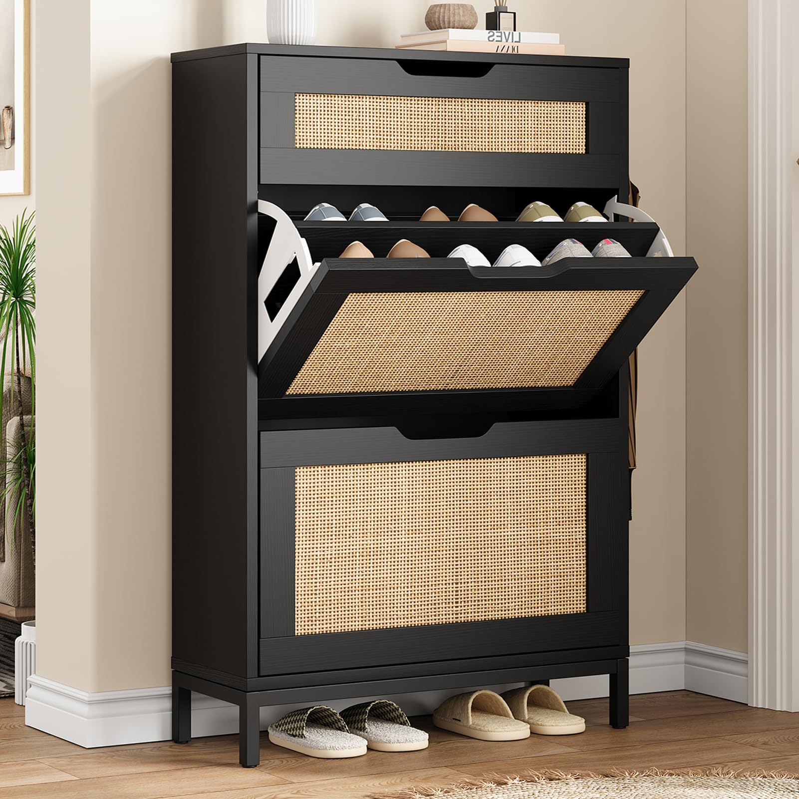 Rattan Shoe Storage Cabinet - Narrow Entryway Shoe Organizer with 2 Flip Drawers, Free Standing Wooden Shoe Cabinet for Hallway, Foyer | Boho Style Hidden Storage | Perfect for Small Spaces & Apartment Living (Black, 2 Flip Drawer)