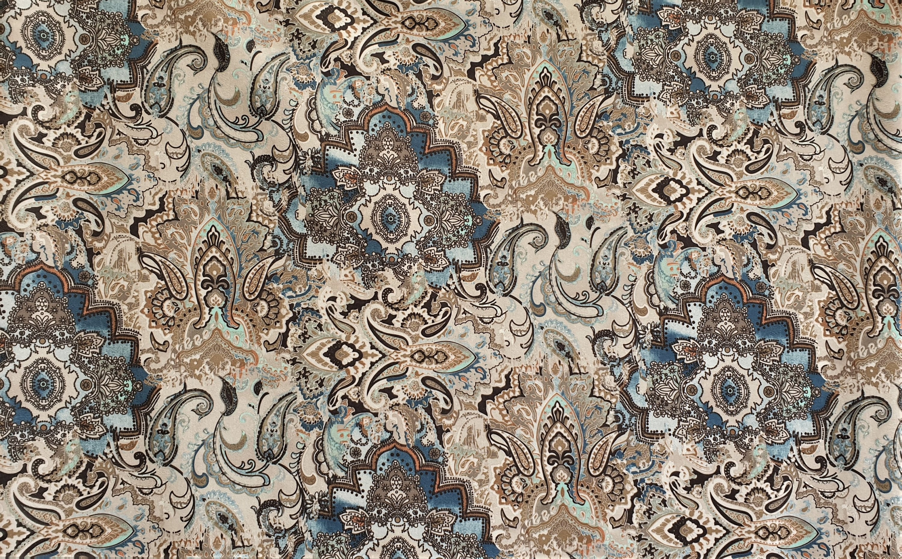 Beige & Blue Arabian Love Damask Print Velvet Curtain Panels - Luxurious Window Drapes for Living Room, Bedroom & Home Decor