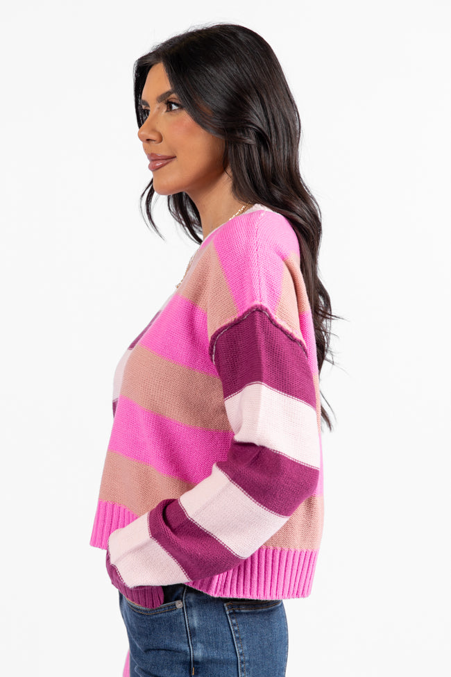 Stylish Pink & Berry Color Block Striped Crop Sweater for Women | Trendy Casual Wear for Spring & Fall | Perfect for Dates, Outings & Layering