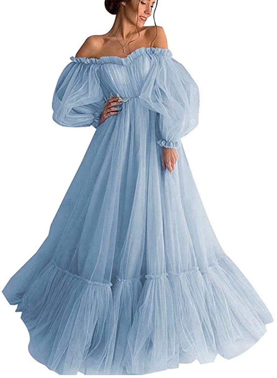Vintage Off Shoulder Long Puffy Sleeves Ruffle Tulle Princess Prom Quinceanera Dresses for Women - Elegant Formal Gowns for Weddings, Parties & Special Occasions