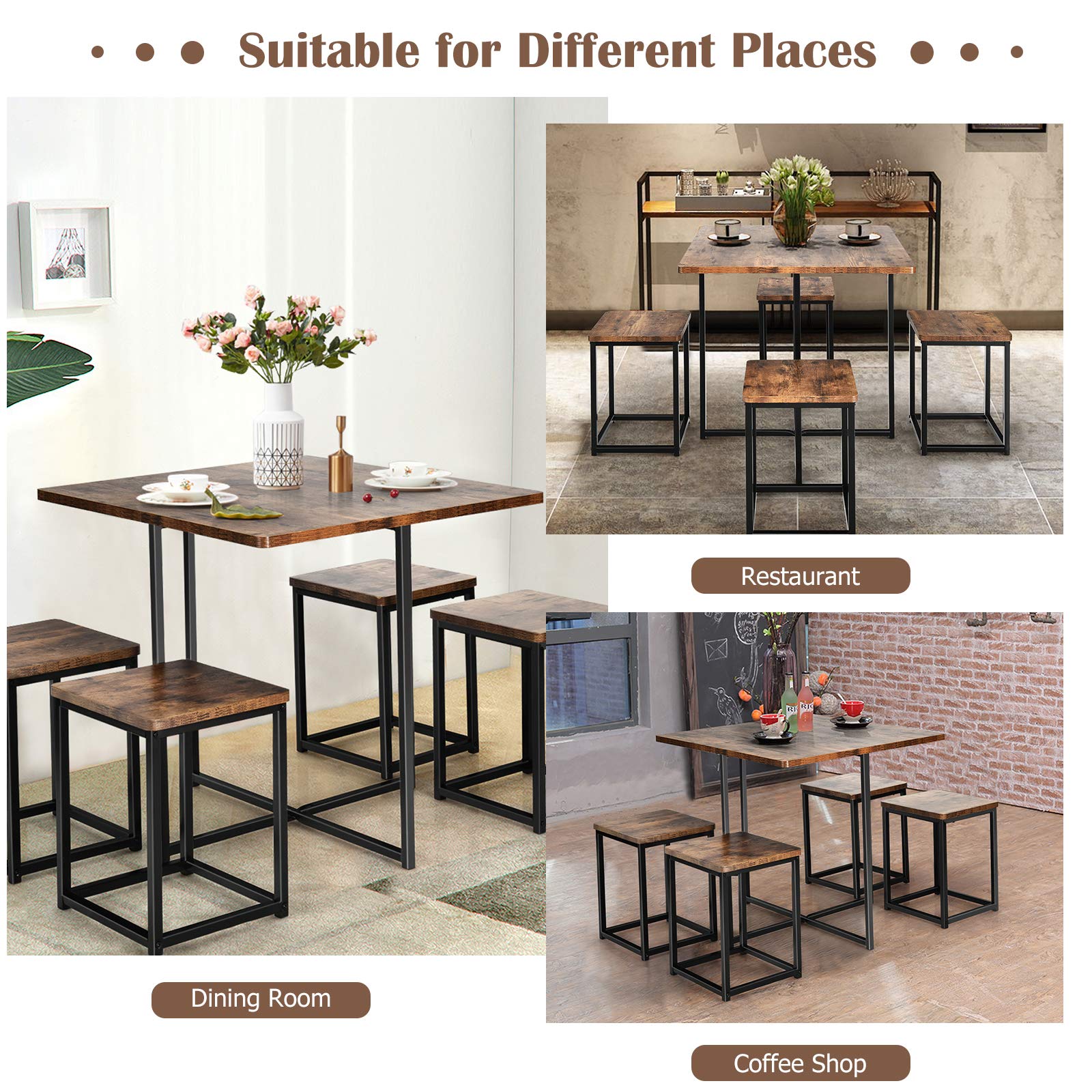 Giantex 5-Piece Square Dining Table Set for 4 with Metal Frame - Compact Kitchen Table & Stools for Small Spaces - Perfect for Home, Apartment, Kitchen, Bar & Pub Gatherings