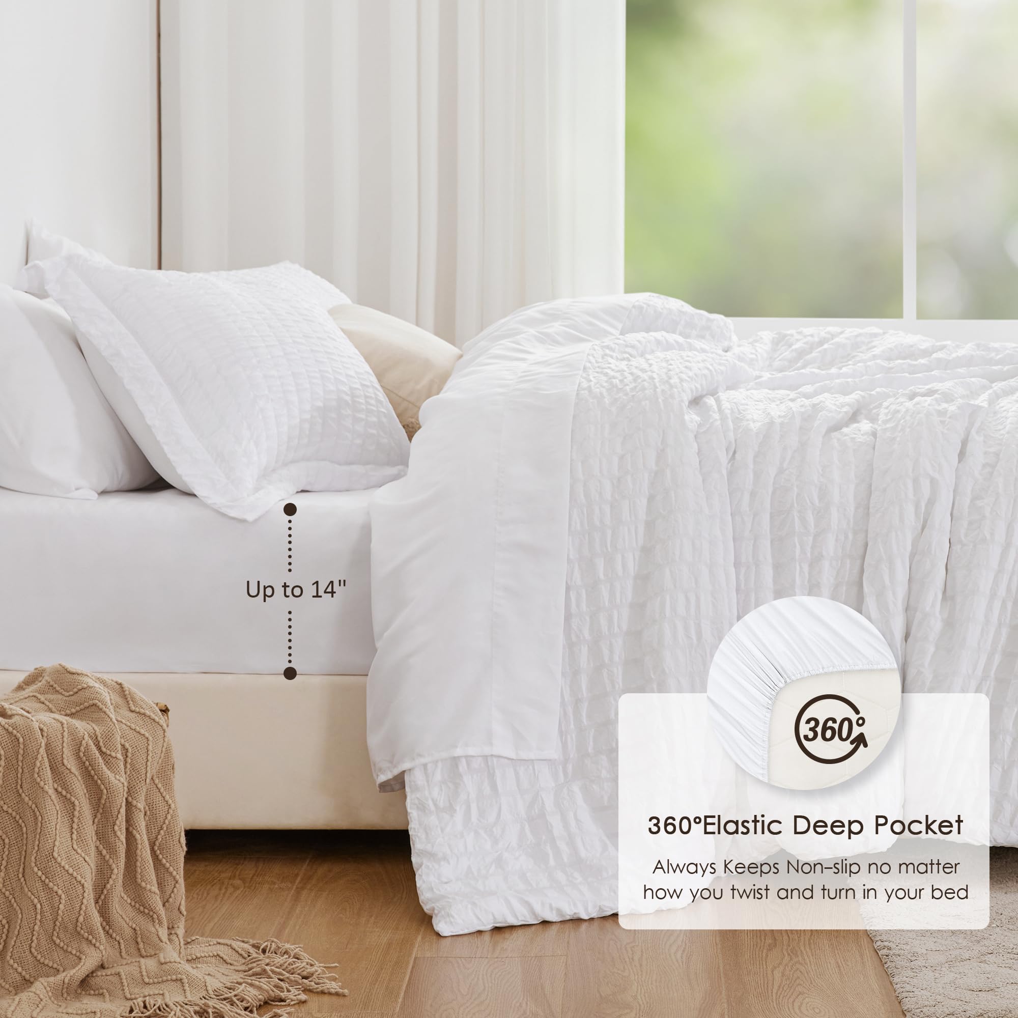 Love's Cabin Seersucker White Queen Comforter Set - 7 Piece All Season Lightweight Bedding | Includes Comforter, Flat Sheet, Fitted Sheet, Pillowcases & Shams | Perfect for Guest Rooms, Vacation Homes & Cozy Bedroom Decor
