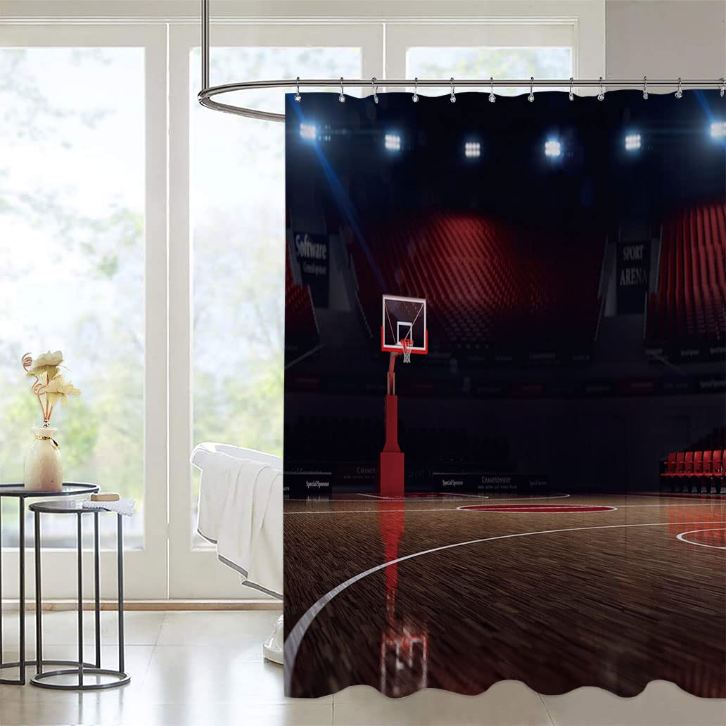 Waterproof Basketball Court Shower Curtain - 69x84 Inch Brown/Black/Red Sports Decor Fabric Bathroom Curtain with Wood Floor & Lighting Design - Perfect for Basketball Fans' Bathroom, Dorm, or Locker Room Decor