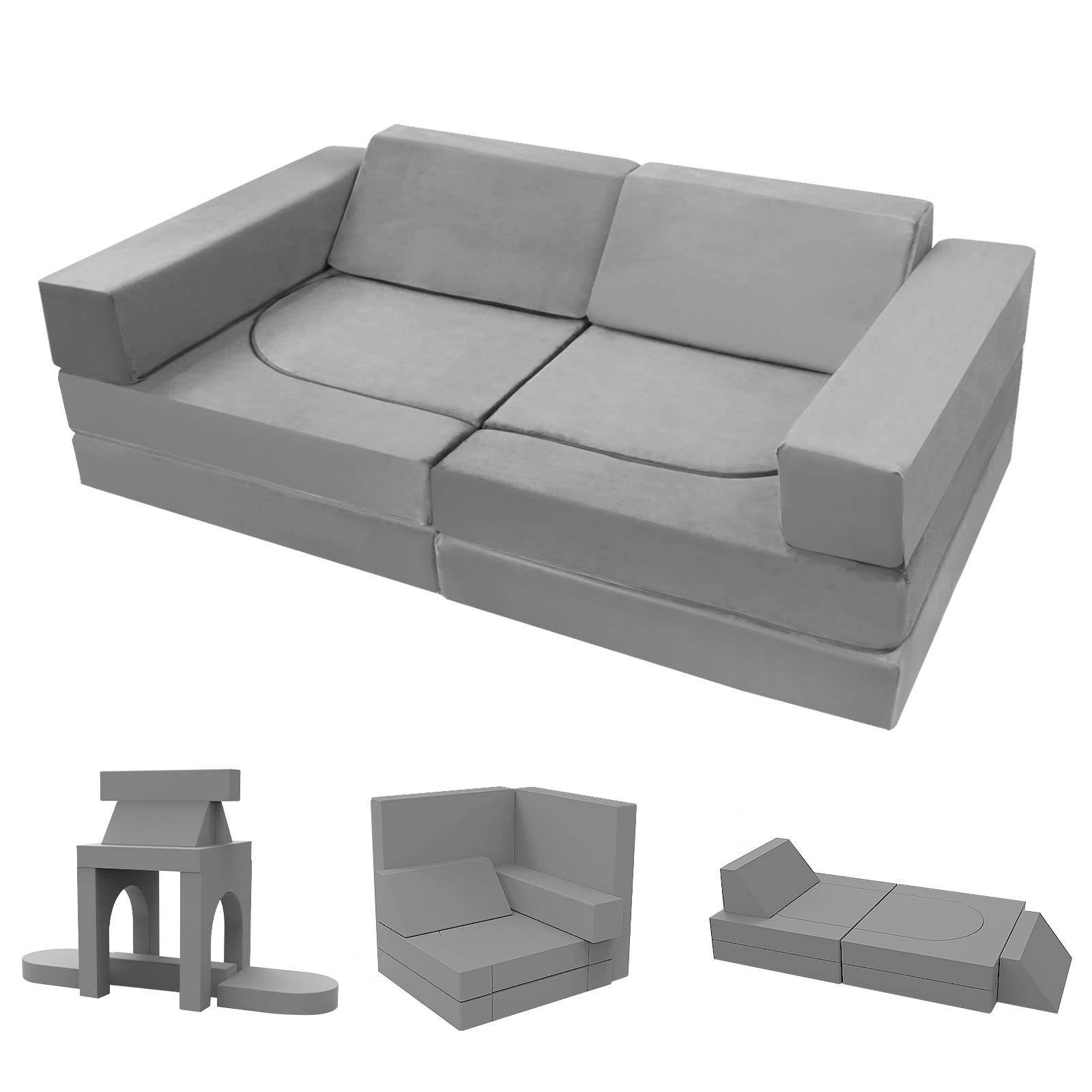 MeMoreCool 10-Piece Kids Play Couch Set - Soft Toddler Sofa for Playroom & Nursery, Grey - Perfect for Indoor Playtime, Reading Nook & Imaginative Play