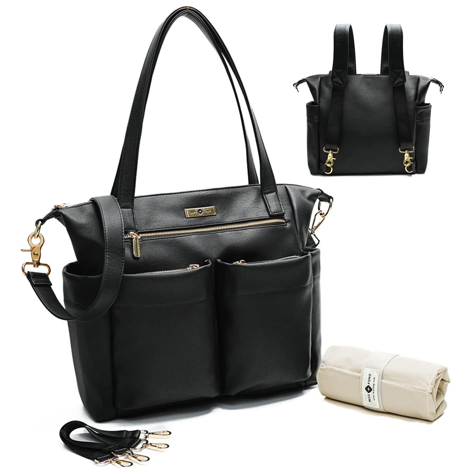 Premium Leather Diaper Bag Backpack for Women - Large Tote & Crossbody Baby Bag by Miss Fong - Perfect for Travel, Shopping, and On-the-Go Moms