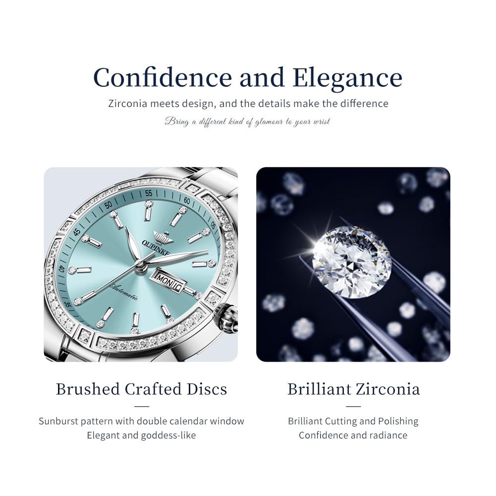OUPINKE Luxury Automatic Women's Watch with Diamond Bezel, Self-Winding Stainless Steel, Sapphire Crystal & Ceramic Band - Elegant Dress Watch for Women, Perfect for Business, Parties & Special Occasions