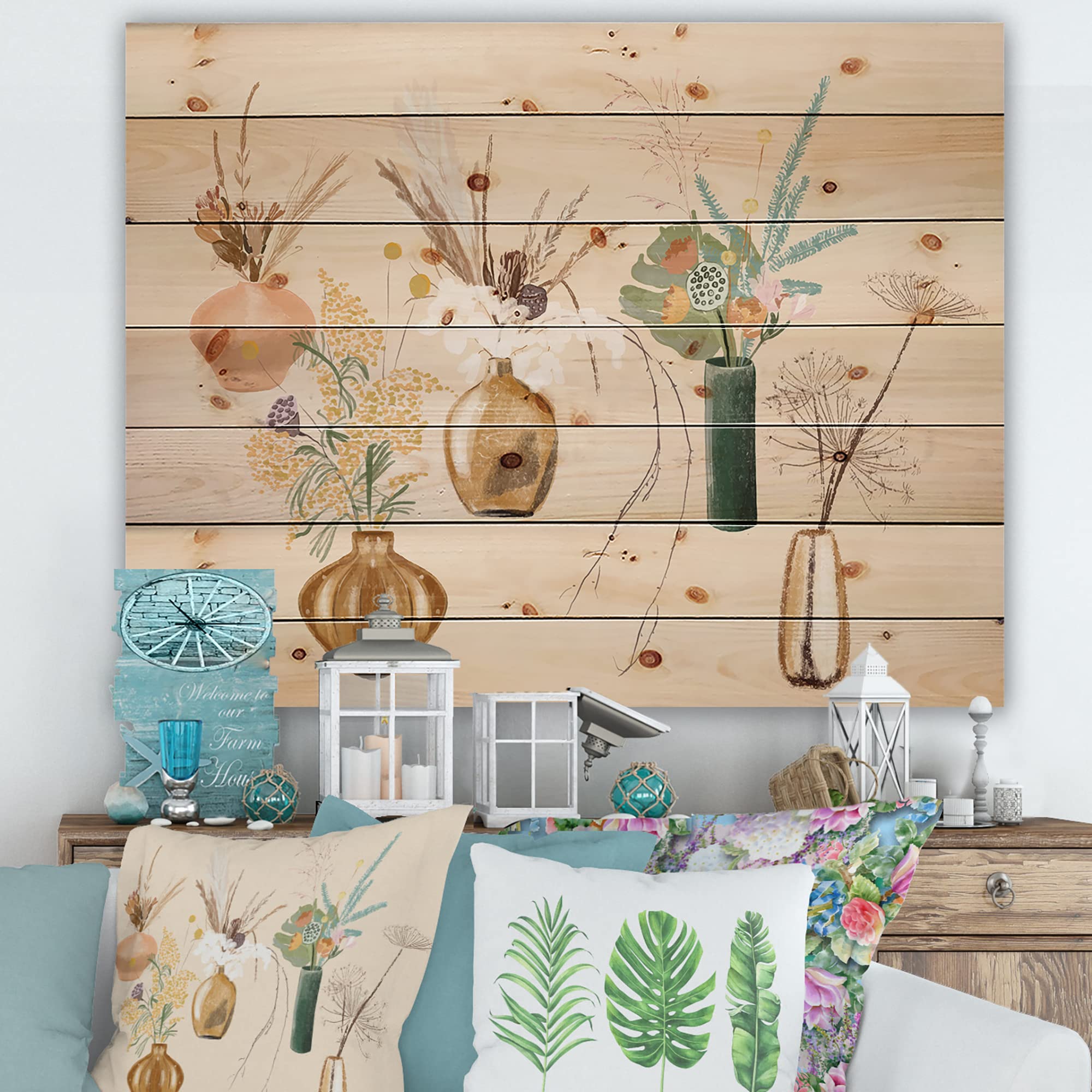 DesignQ Wildflower Bouquets in Gold Vases III - Traditional Wood Wall Decor, Beige Floral Wall Art, Large Pine Wood Wall Panels - Perfect for Living Room, Bedroom & Office Decor