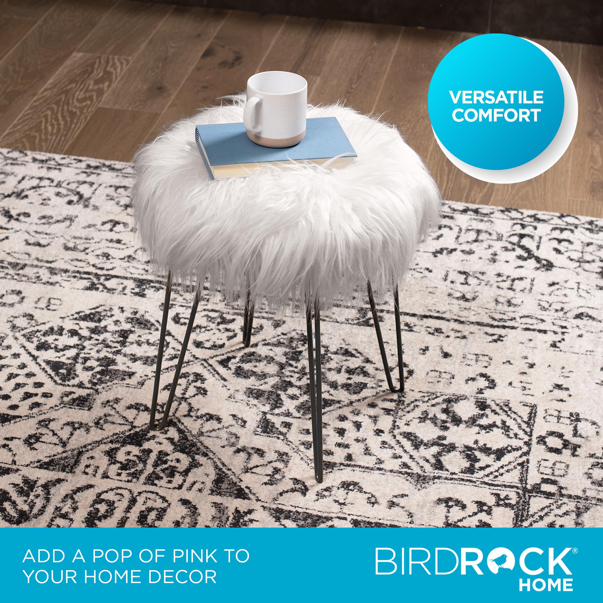 BIRDROCK HOME Round Faux Fur Foot Stool Ottoman with Black Hairpin Legs - Soft Padded Vanity Seat Makeup Chair for Bedroom, Living Room & Kids Room - Grey - Perfect for Reading Nook, Dressing Table & Lounge Decor