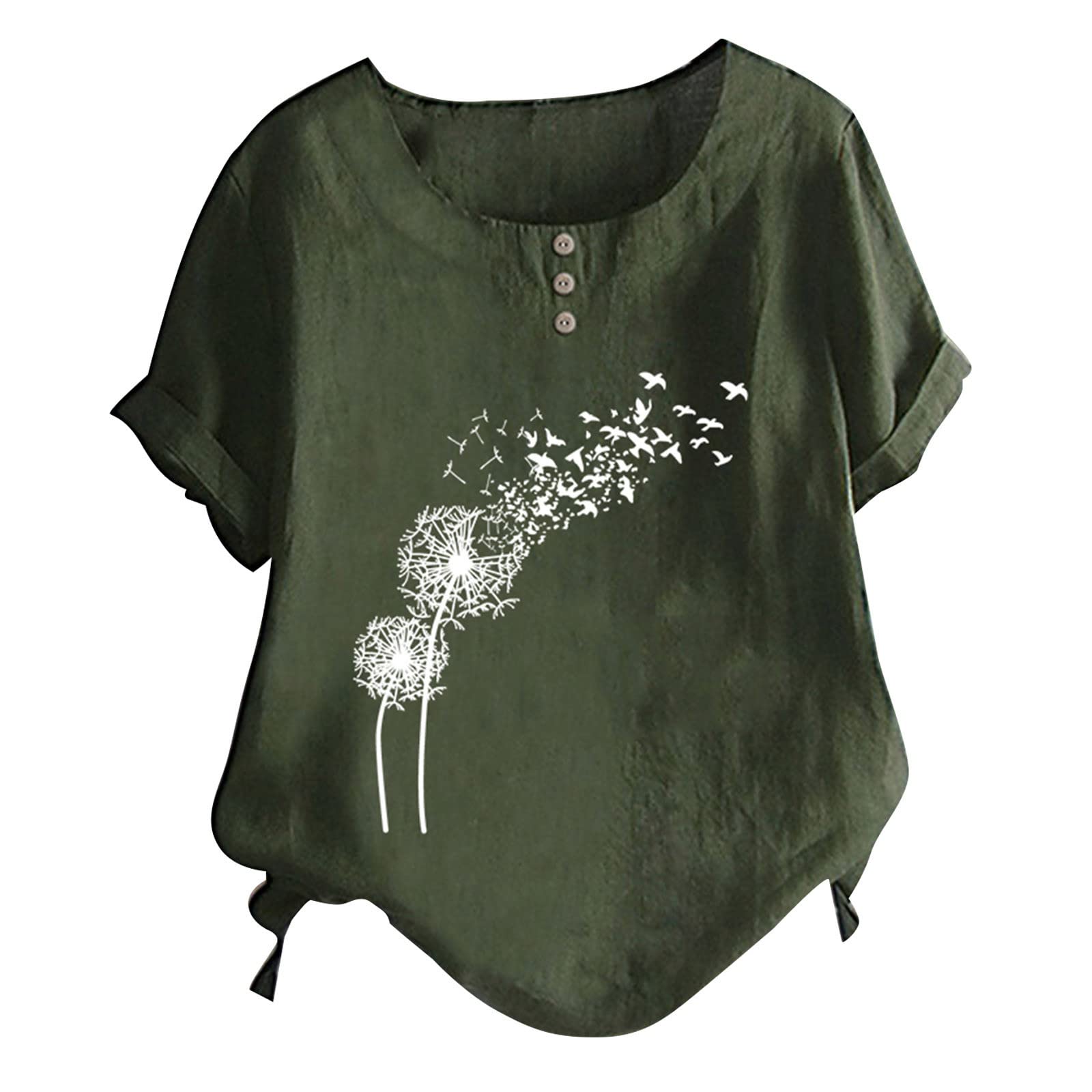 Women's Summer Round Neck Button Cotton Linen Dandelion Print T-Shirt - Loose Fit Casual Blouse for Women | Perfect for Beach Outings, Picnics & Summer Vacations