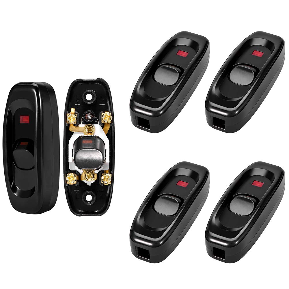 5Pcs Black Inline On/Off Switch with LED Indicator - 250V 10A Appliance Replacement Cord Switch for Table Lamps, Desk Lights & Bedside Lamps - Perfect for Home Office and Bedroom Lighting Control