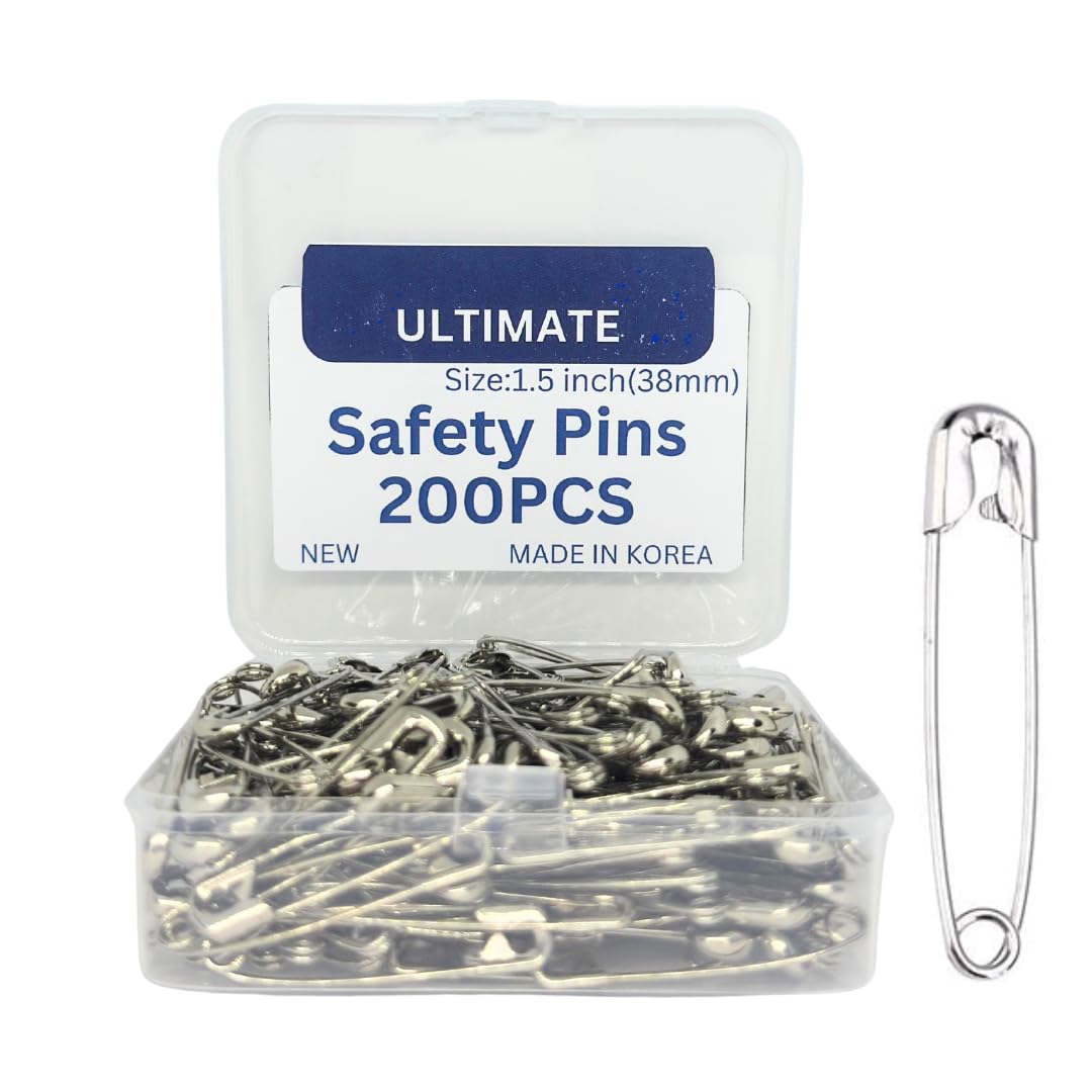 200Pcs Heavy Duty 1.5 Inch (38mm) Rust-Resistant Steel Safety Pins - Size 2 Small Sewing Pins for Clothing, DIY Crafts, Quilting & Emergency Repairs | Durable for Daily Use & Fabric Projects