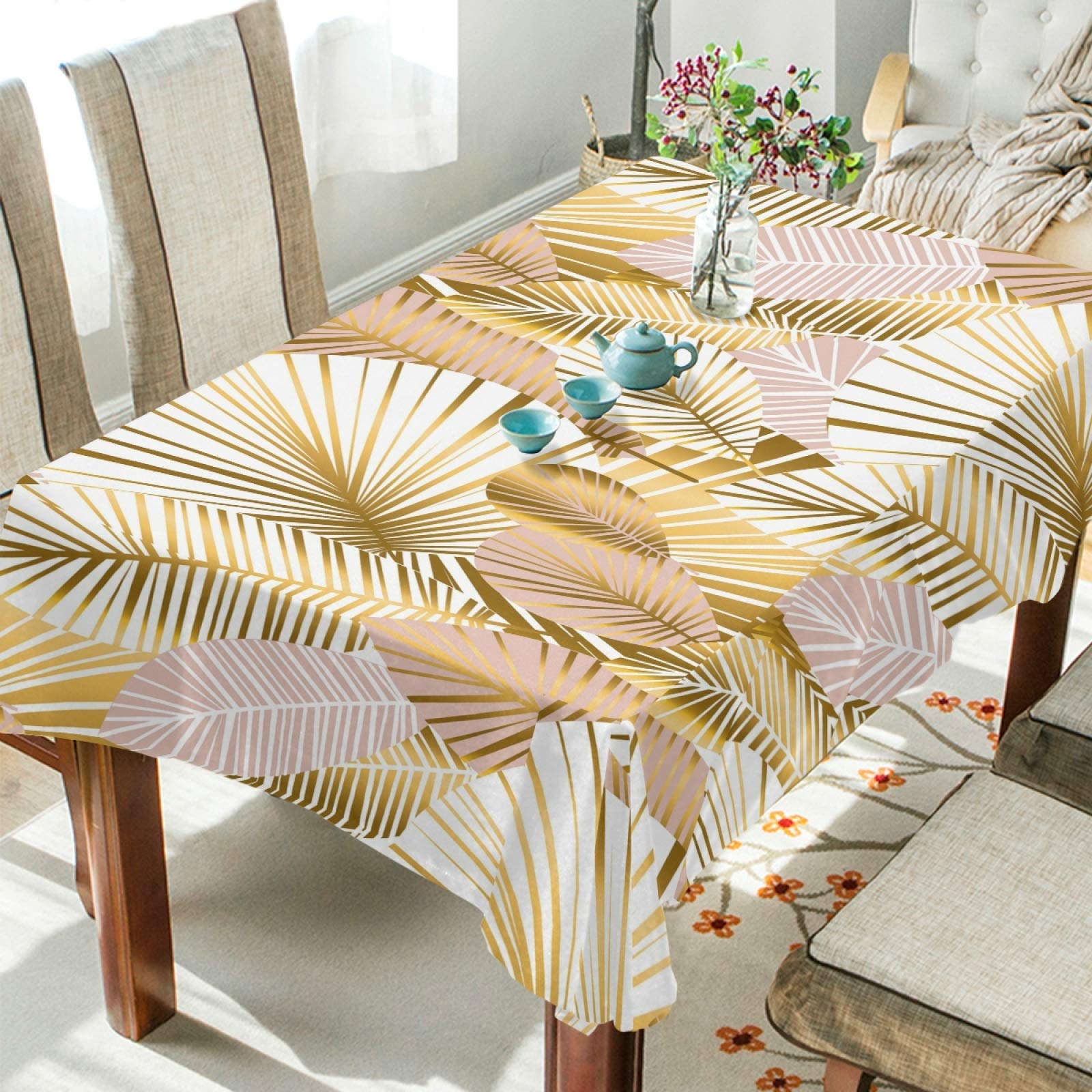 Gold Tropical Palm Leaf Jungle Tablecloth - 60 Inch Rectangle Polyester Table Cover for Party, Dinner & Home Decor | Perfect for Jungle Theme, Hawaiian Luau & Tropical Events