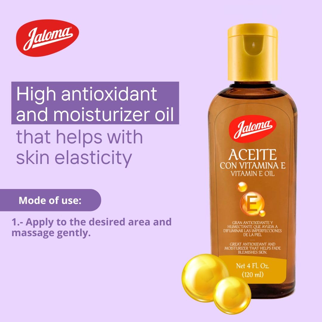 Jaloma Vitamin E Oil - Antioxidant & Moisturizing Skin Care for Face & Body - Nourishes, Protects & Hydrates Dry Skin - 4 Fl Oz - Perfect for Night Routine & Post-Sun Care