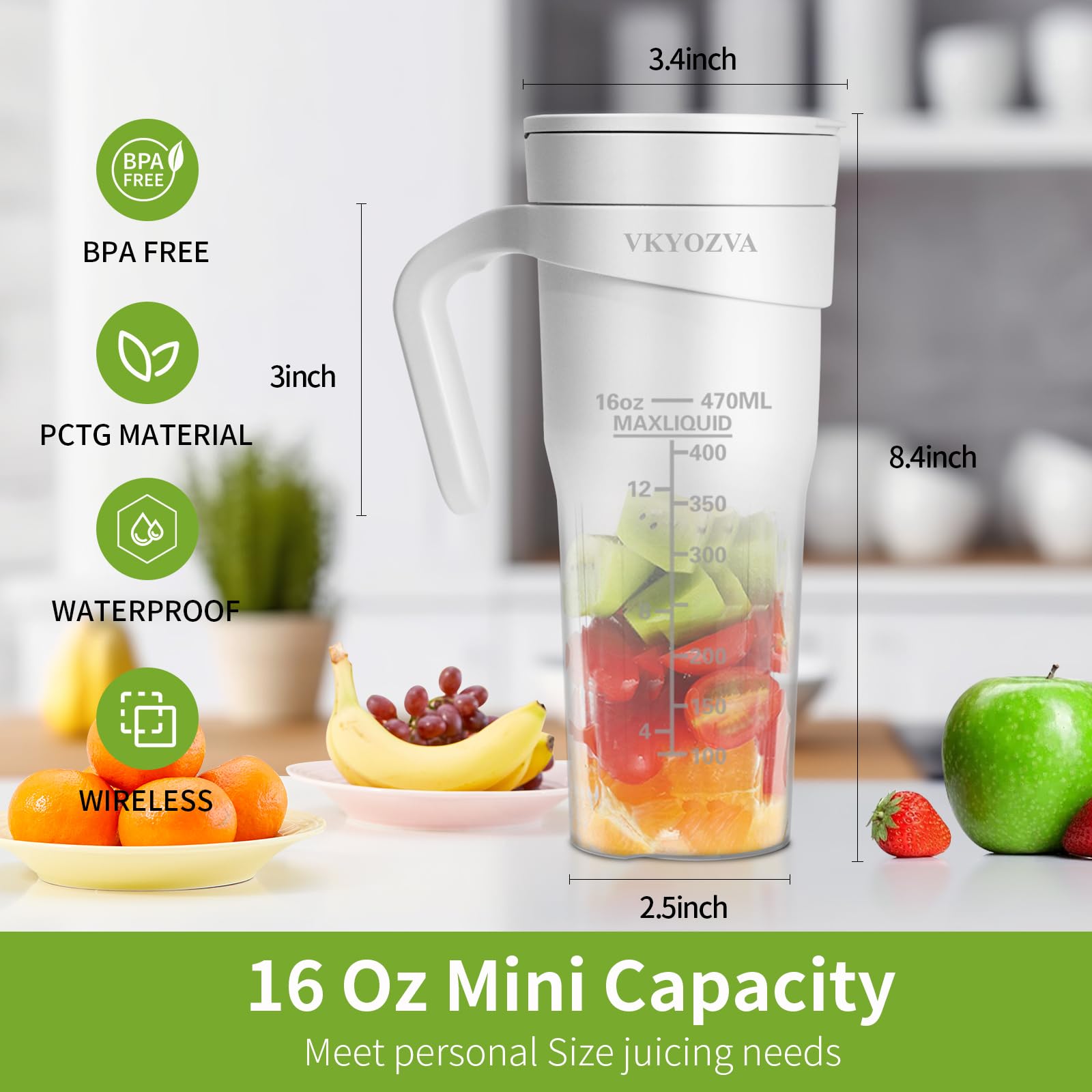 Portable Blender Cordless - 16 Oz USB-C Rechargeable Personal Blender for Smoothies, Shakes & Juices | BPA Free Travel Blender | Perfect for Gym, Office, Camping & On-The-Go (White)