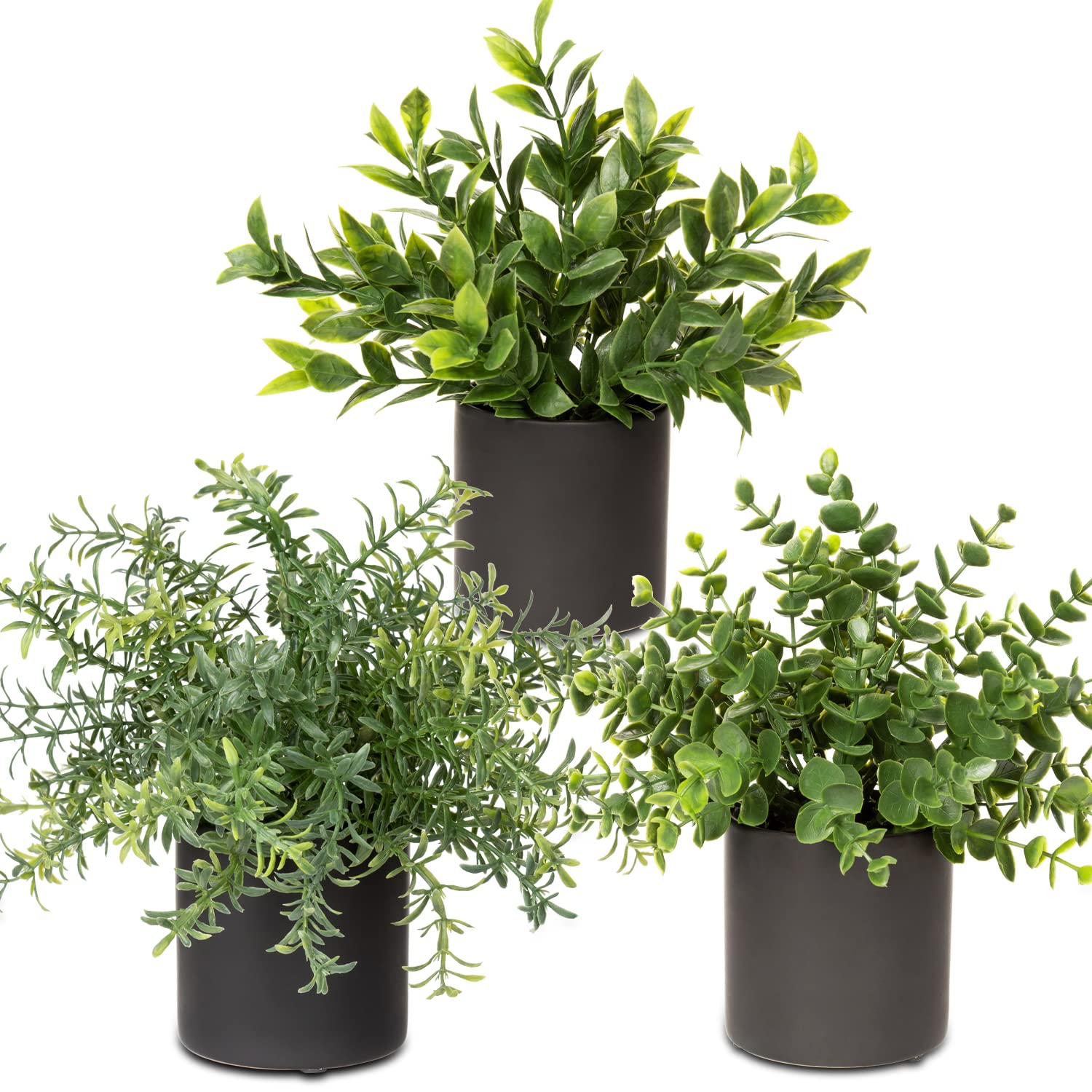3 Pack Small Fake Potted Plants with Ceramic Pots - Artificial Greenery for Shelf, Desk & Bookshelf Decor - Rustic Farmhouse Style Indoor Plants for Home, Office & Living Room Spaces