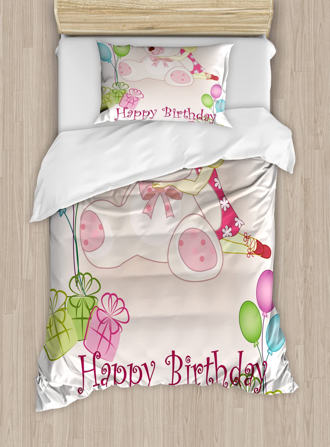 Ambesonne Birthday Party Duvet Cover Set - Colorful Teddy Bears Balloons Cartoon Print Bedding Set, 2 Duvet Covers & 2 Pillowcases, Queen Size 2-Pack in Pale Pink - Perfect for Kids' Rooms, Birthday Decorations & Gift Ideas