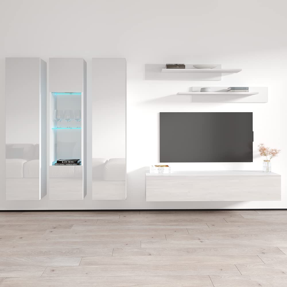 Modern White Floating TV Stand with Storage & LED Lights - Wall-Mounted Entertainment Center for Bedroom & Living Room - Meble Furniture Fly C5 30