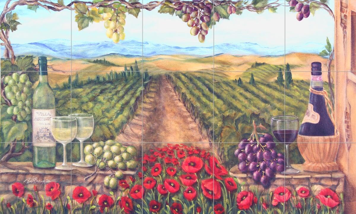 Wine Themed Ceramic Backsplash Tile Mural - Tuscan Vista Kitchen Decor by Rita Broughton | Perfect for Kitchen Remodeling, Wine Cellars & Italian-Themed Home Decor