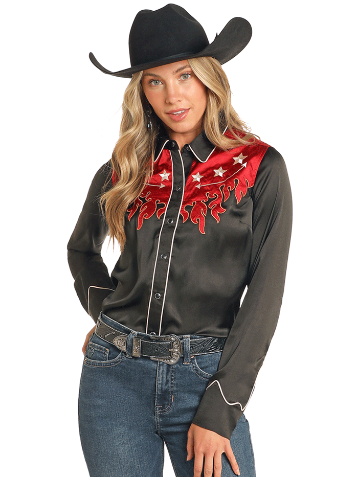 Vintage Rock & Roll Denim Shirt for Women - Retro Flame Print Black Button-Up Top | 70s Inspired Fashion for Concerts, Parties & Casual Wear