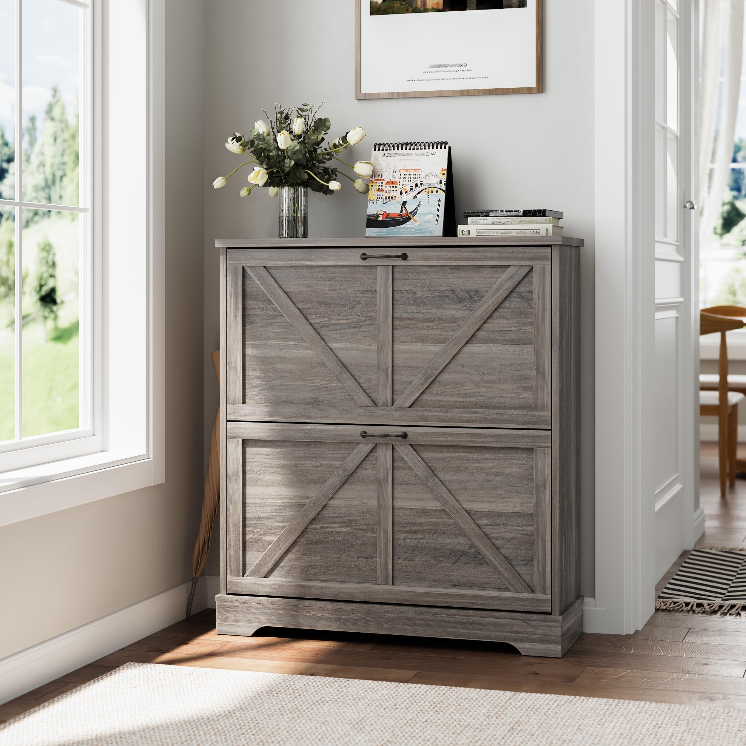 Farmhouse Shoe Cabinet with 2 Flip Drawers - Slim Entryway Storage for Shoes & Boots