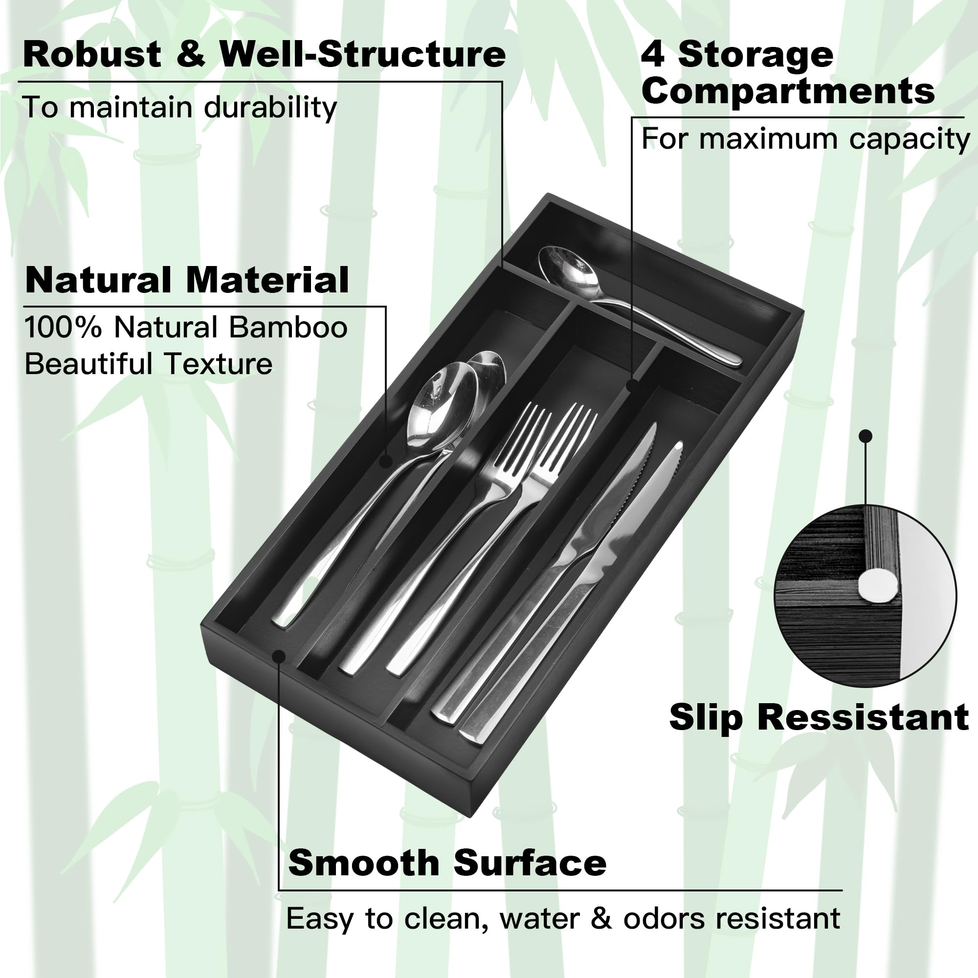 Premium Bamboo Silverware Organizer - 4 Slot Black Kitchen Drawer Tray for Utensils, Cutlery & Flatware | Space-Saving Drawer Storage Solution for Small Kitchens & Dining Areas