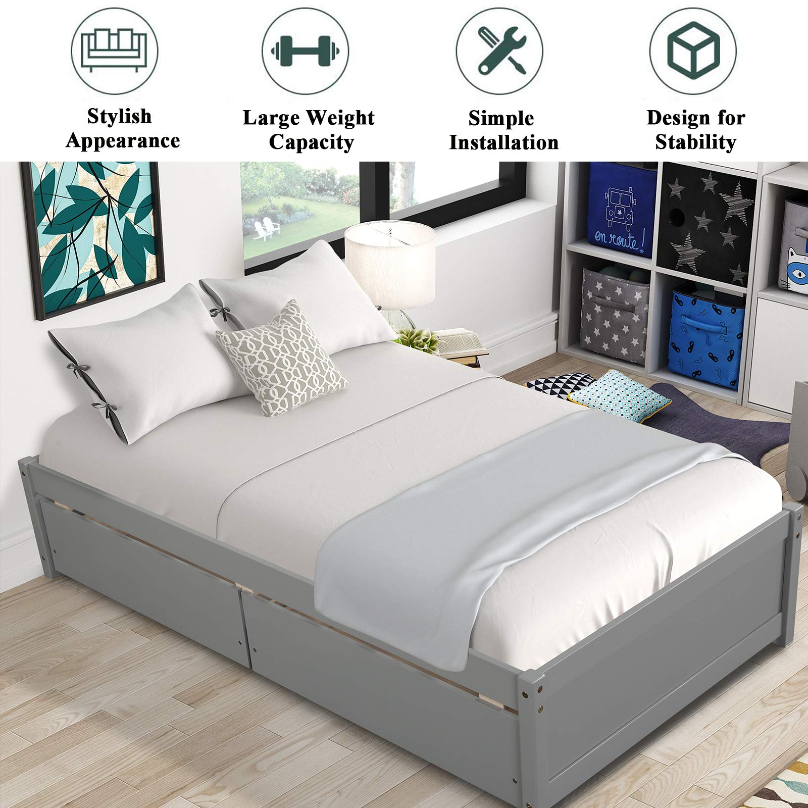 **Twin Size Wooden Platform Bed Frame with 2 Storage Drawers - Sturdy 10-Slat Support for Kids & Toddlers (Dark Grey) - No Box Spring Needed, Easy Assembly - Perfect for Small Bedrooms & Space-Saving Kids' Rooms**